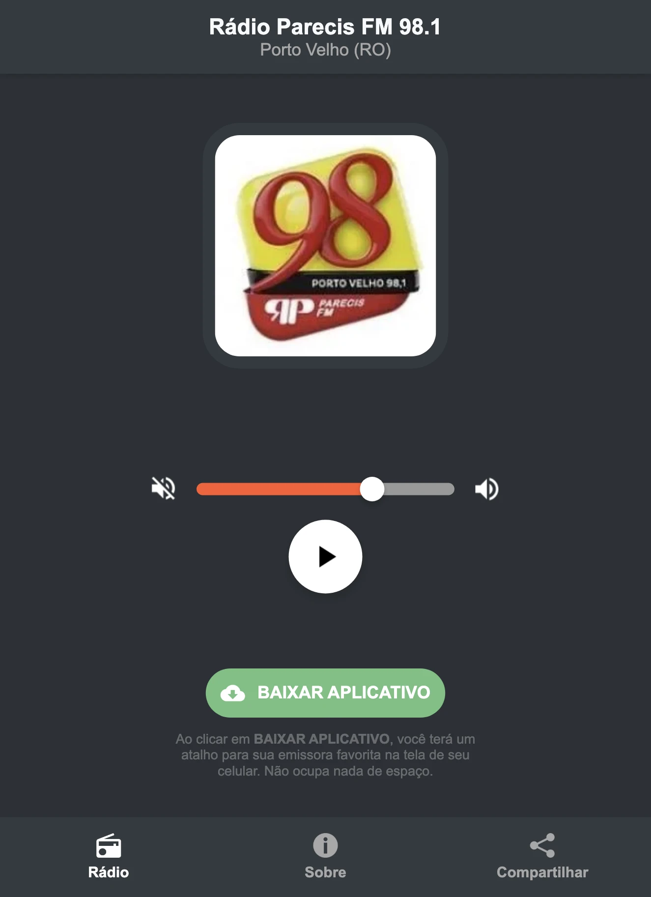 Screenshot do aplicativo da Rádio Parecis FM 98.1