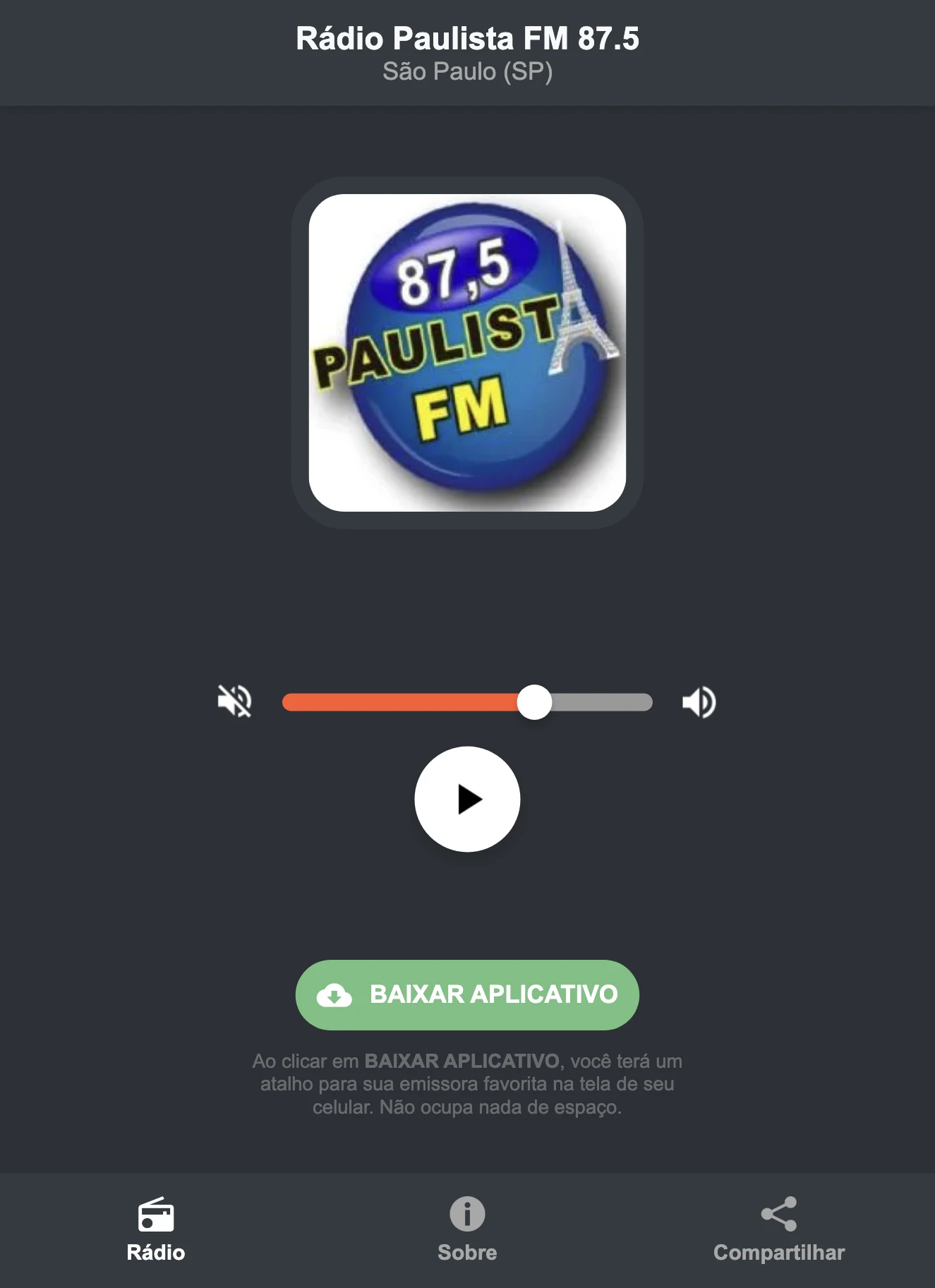 Screenshot do aplicativo da Rádio Paulista FM 87.5