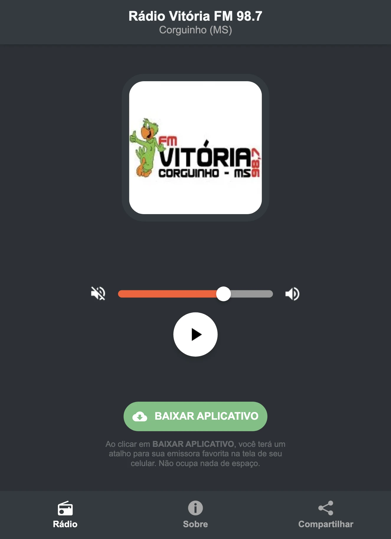 Screenshot do aplicativo da Rádio Vitória FM 98.7