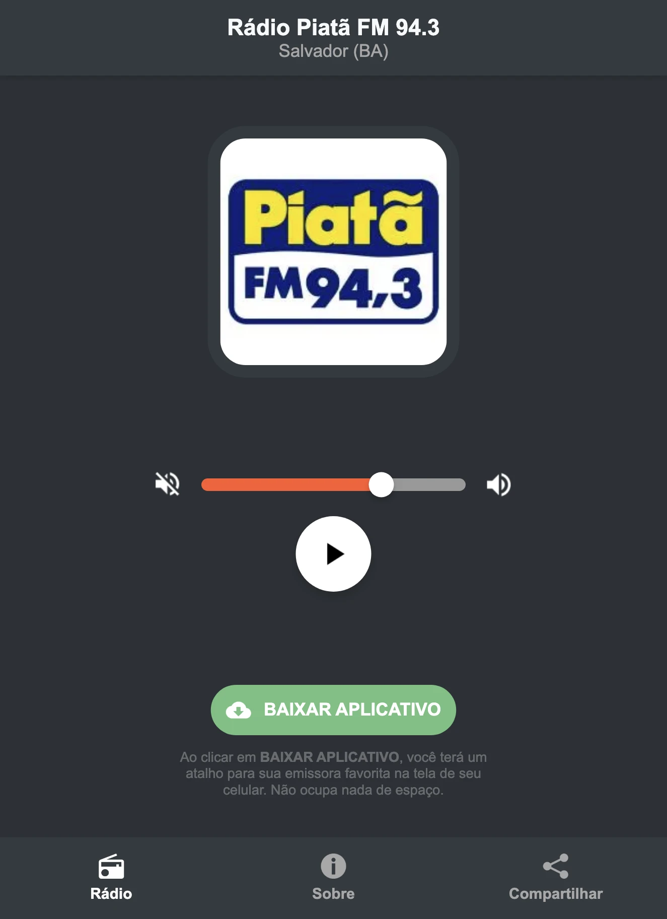 Screenshot do aplicativo da Rádio Piatã FM 94.3