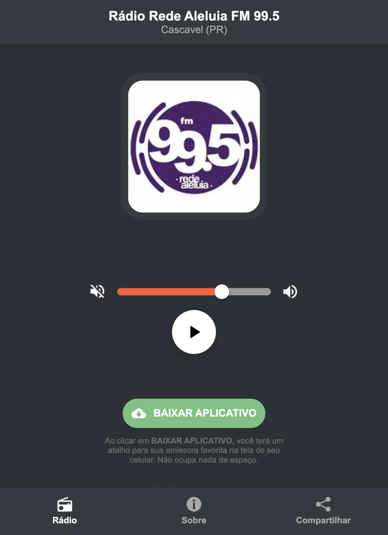Screenshot do aplicativo da Rádio Rede Aleluia FM 99.5