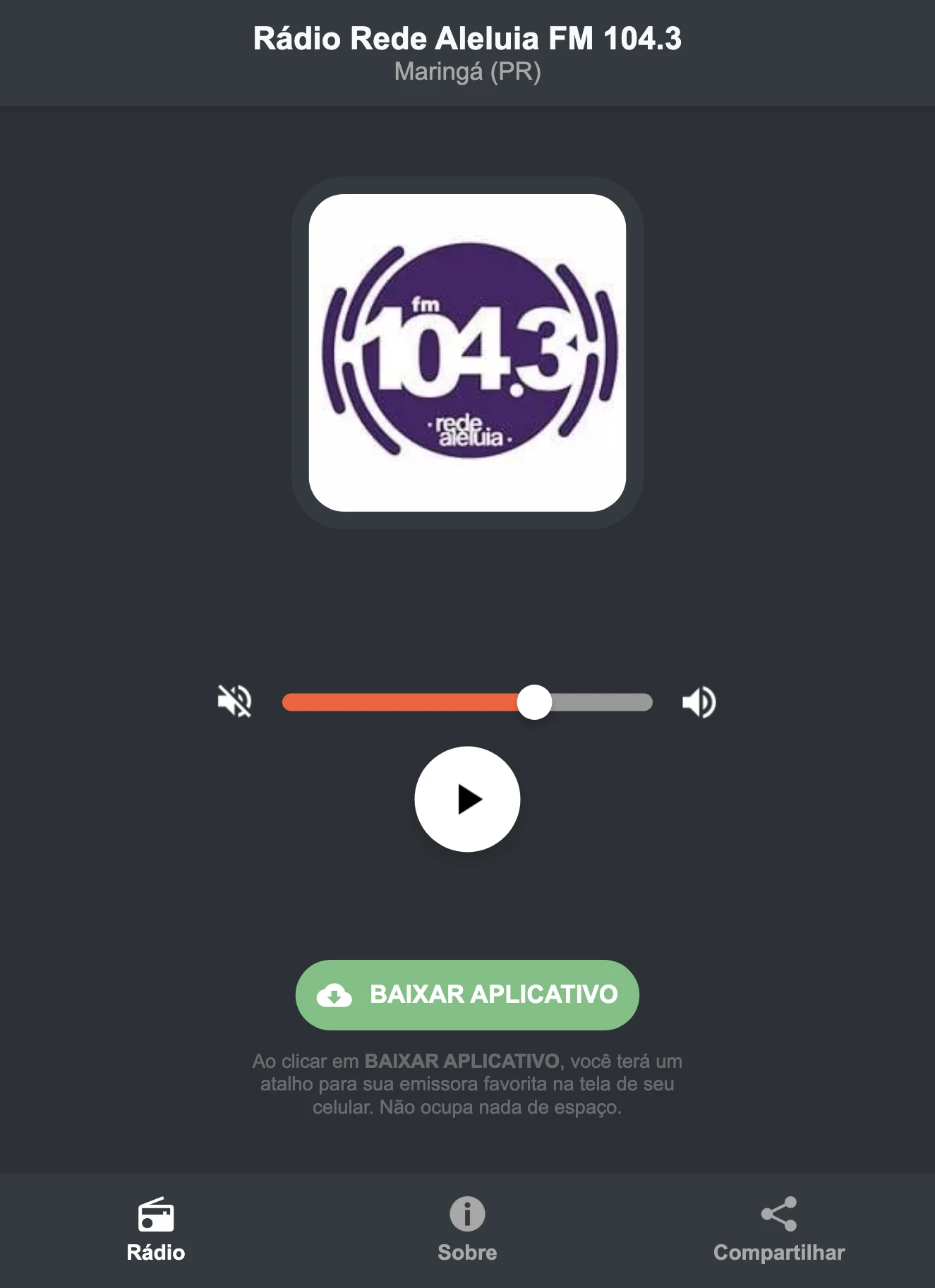 Screenshot do aplicativo da Rádio Rede Aleluia FM 104.3