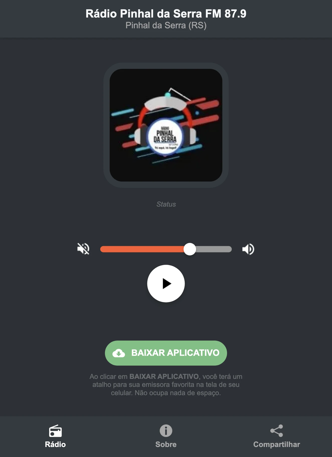 Screenshot do aplicativo da Rádio Pinhal da Serra FM 87.9