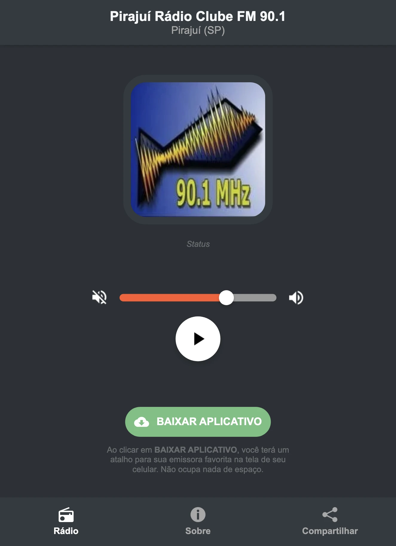 Screenshot do aplicativo da Pirajuí Rádio Clube FM 90.1