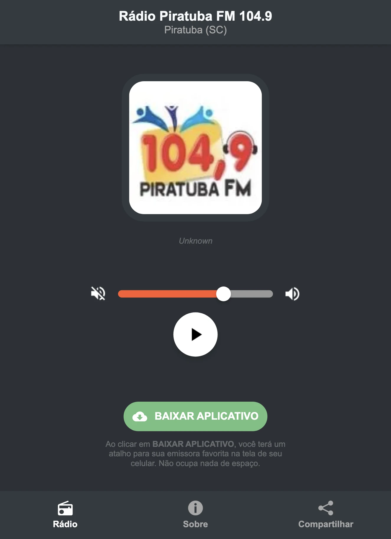 Screenshot do aplicativo da Rádio Piratuba FM 104.9
