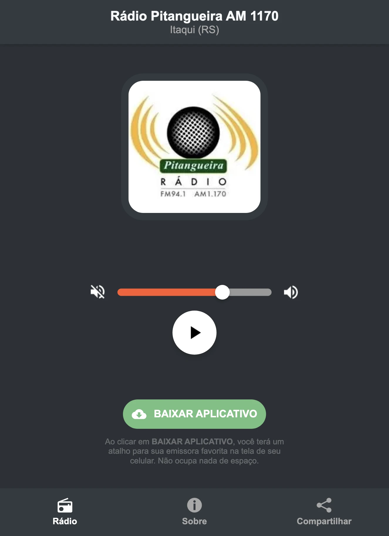 Screenshot do aplicativo da Rádio Pitangueira AM 1170