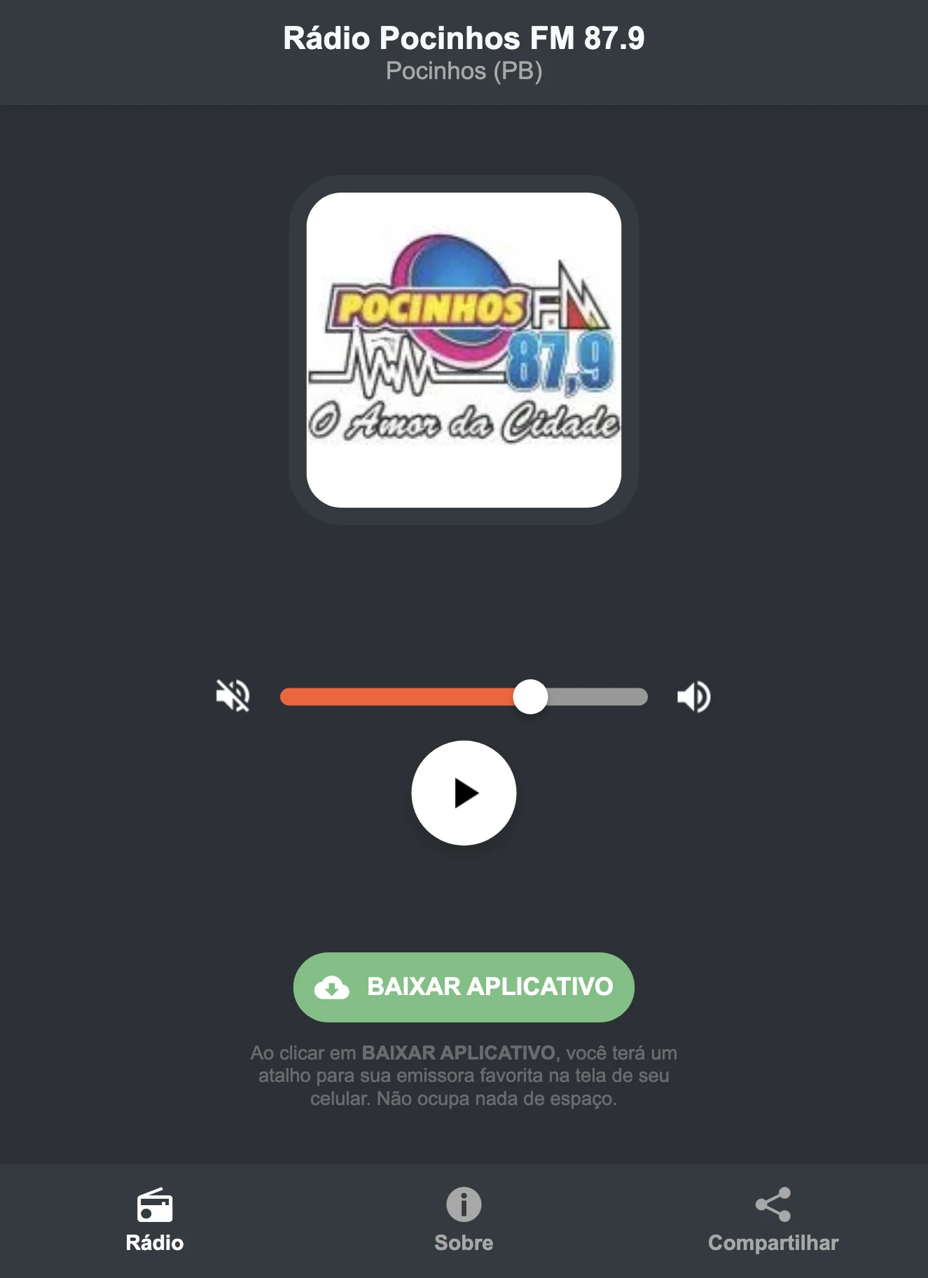 Screenshot do aplicativo da Rádio Pocinhos FM 87.9