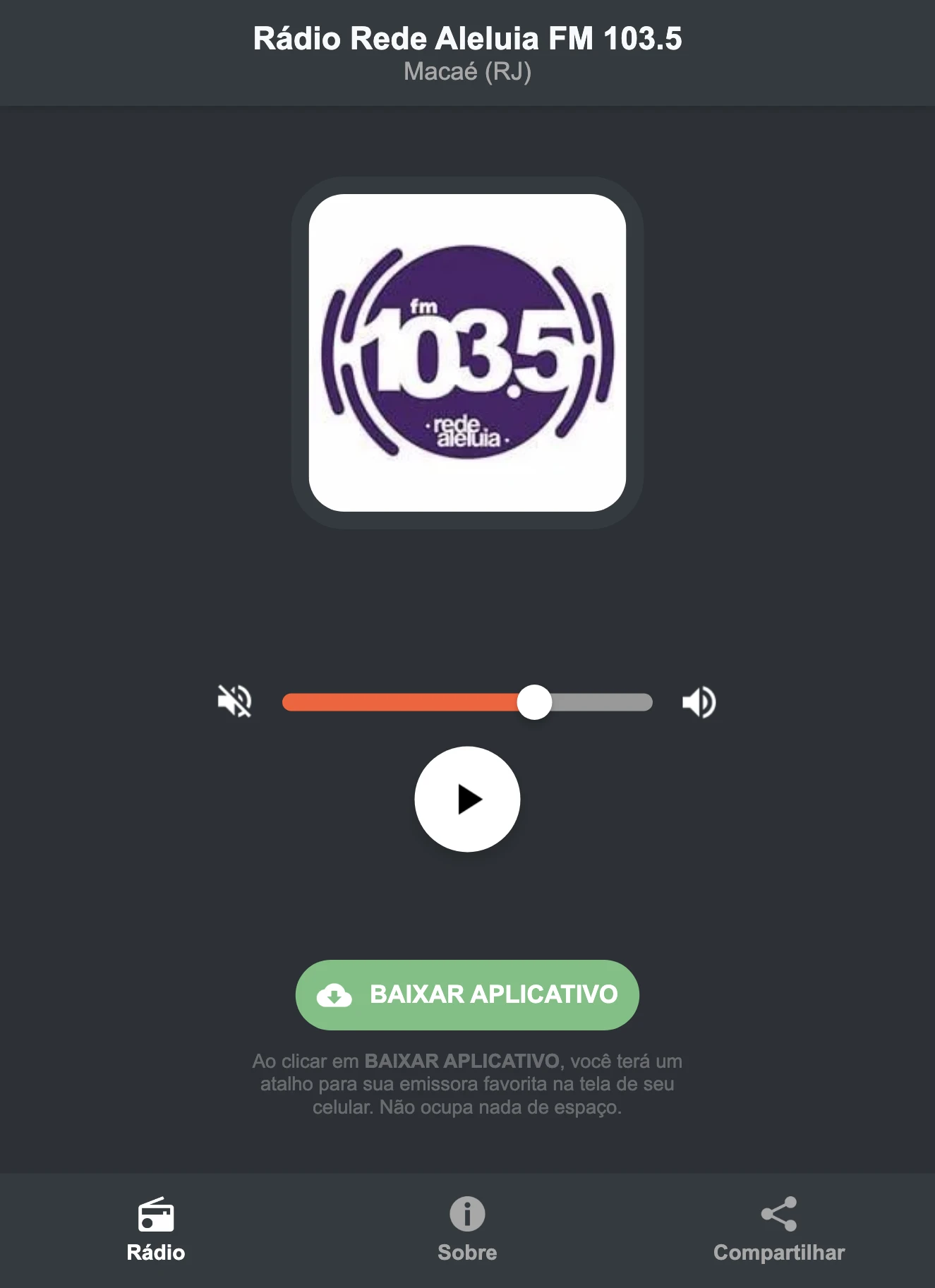 Screenshot do aplicativo da Rádio Rede Aleluia FM 103.5