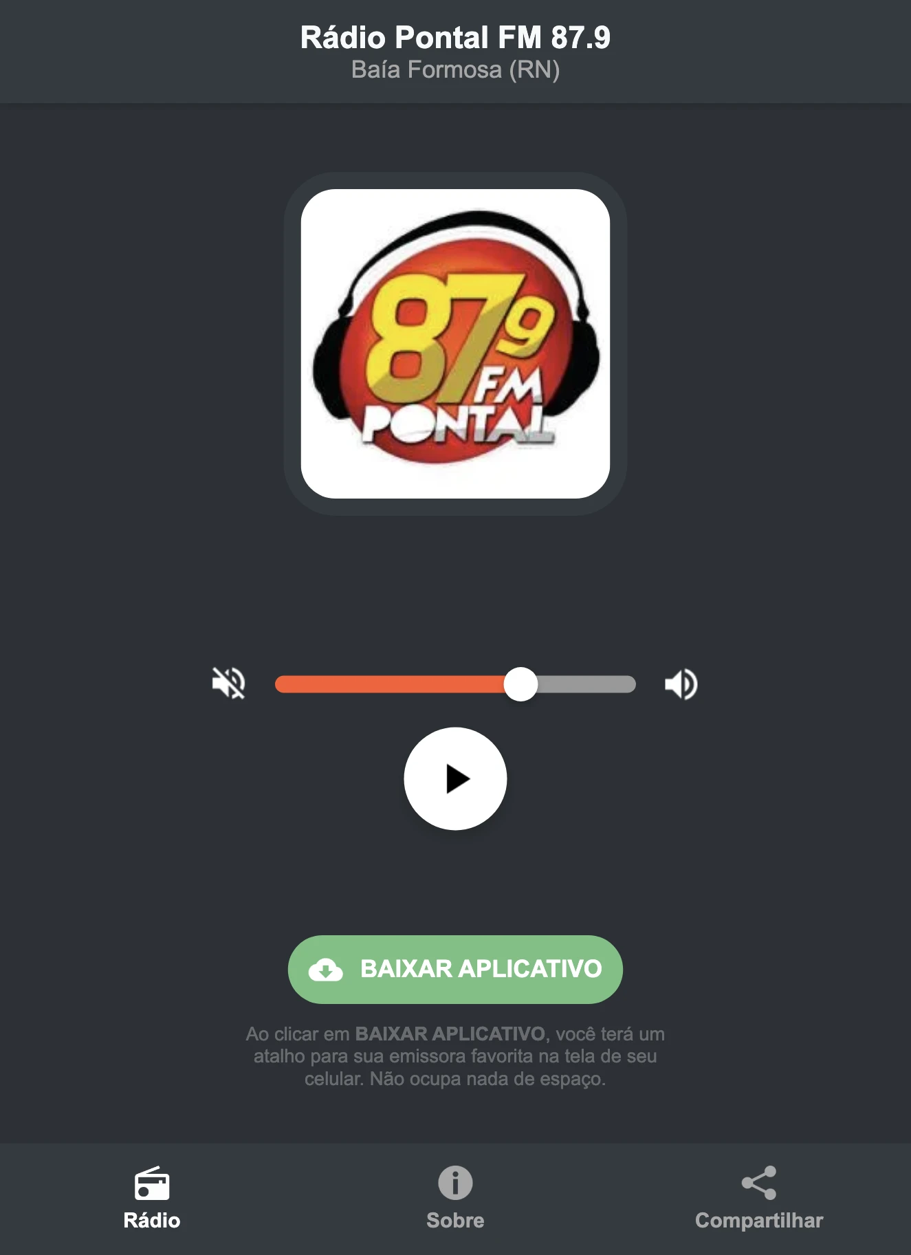 Screenshot do aplicativo da Rádio Pontal FM 87.9