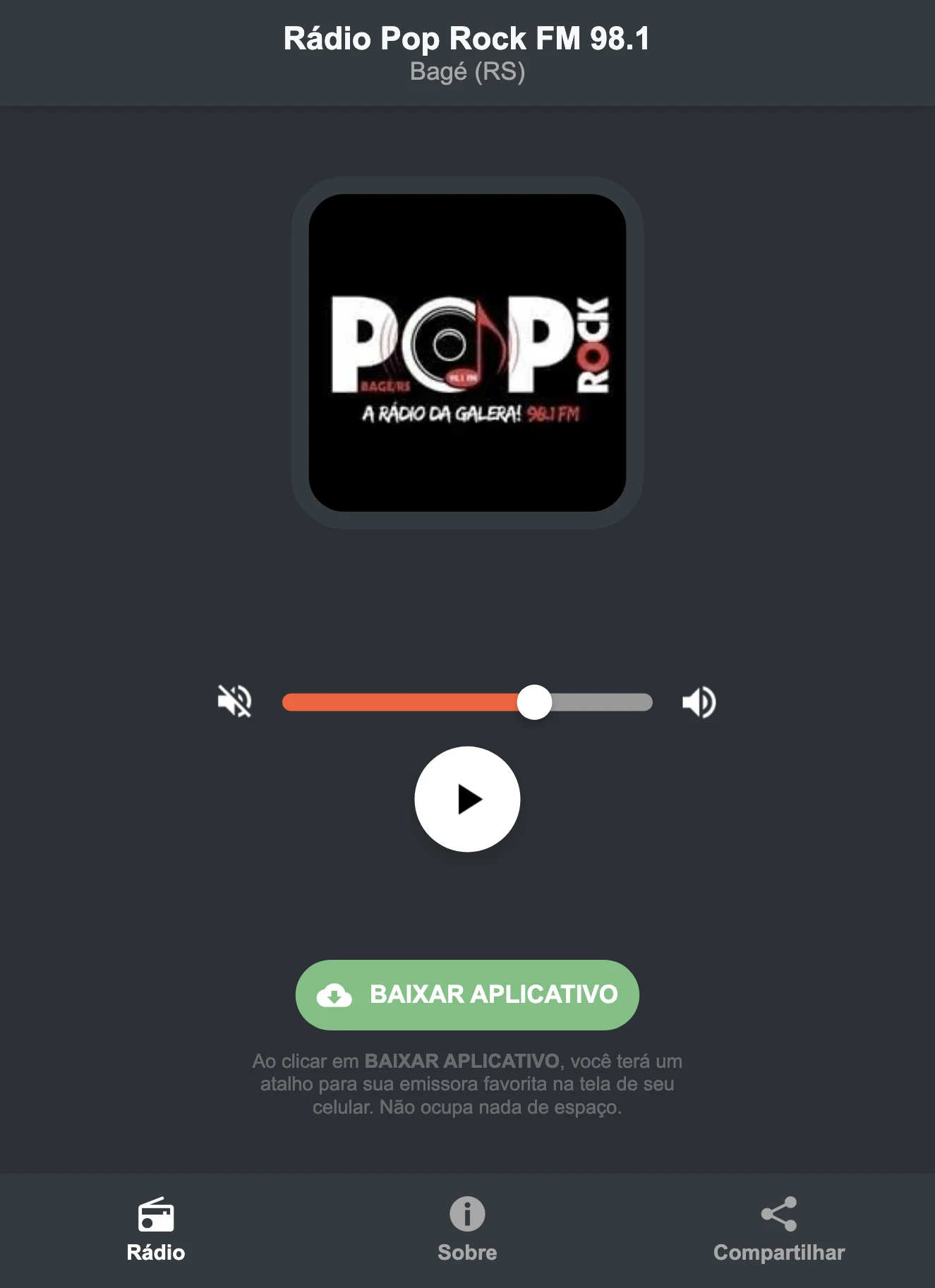 Screenshot do aplicativo da Rádio Pop Rock FM 98.1