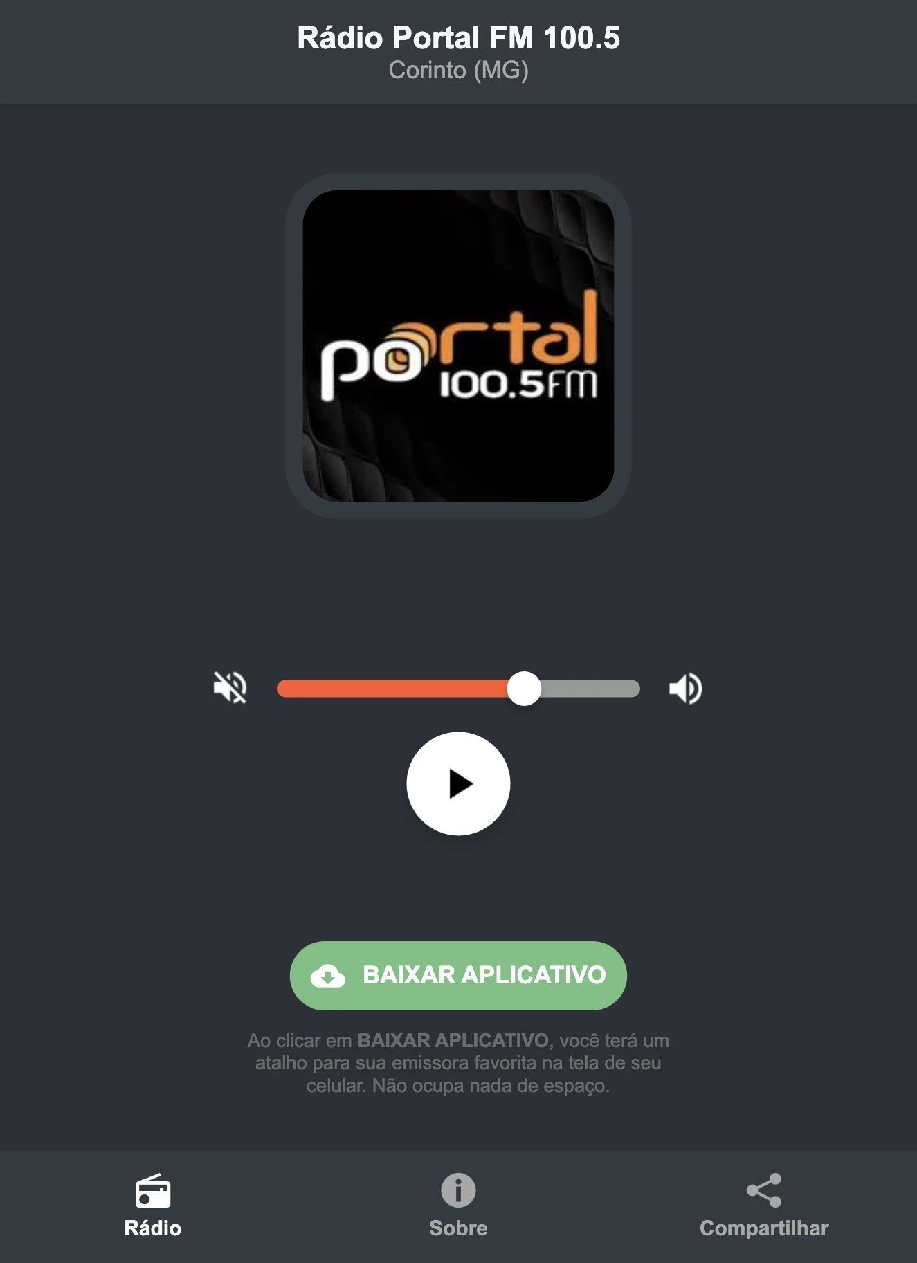 Screenshot do aplicativo da Rádio Portal FM 100.5