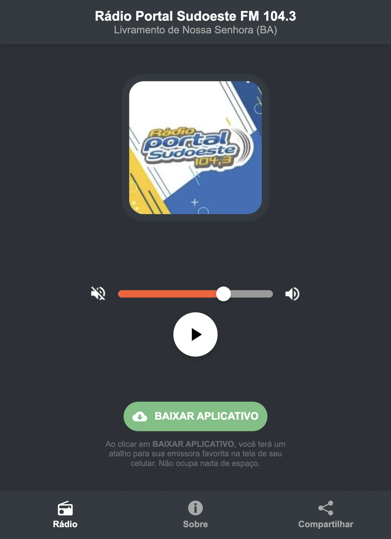 Screenshot do aplicativo da Rádio Portal Sudoeste FM 104.3