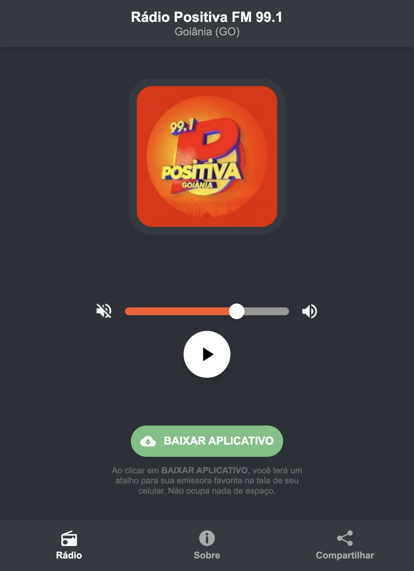 Screenshot do aplicativo da Rádio Positiva FM 99.1