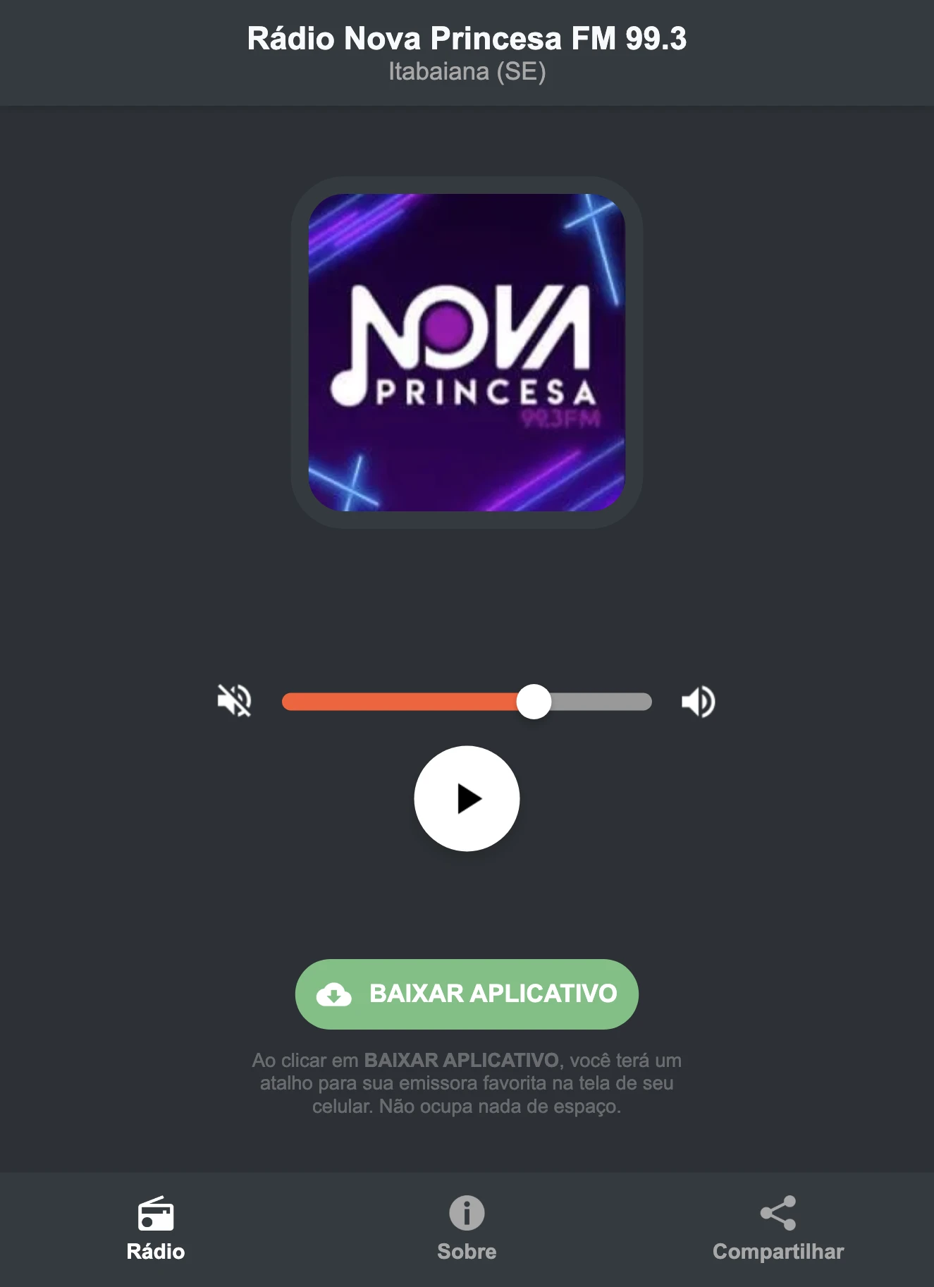 Screenshot do aplicativo da Rádio Nova Princesa FM 99.3