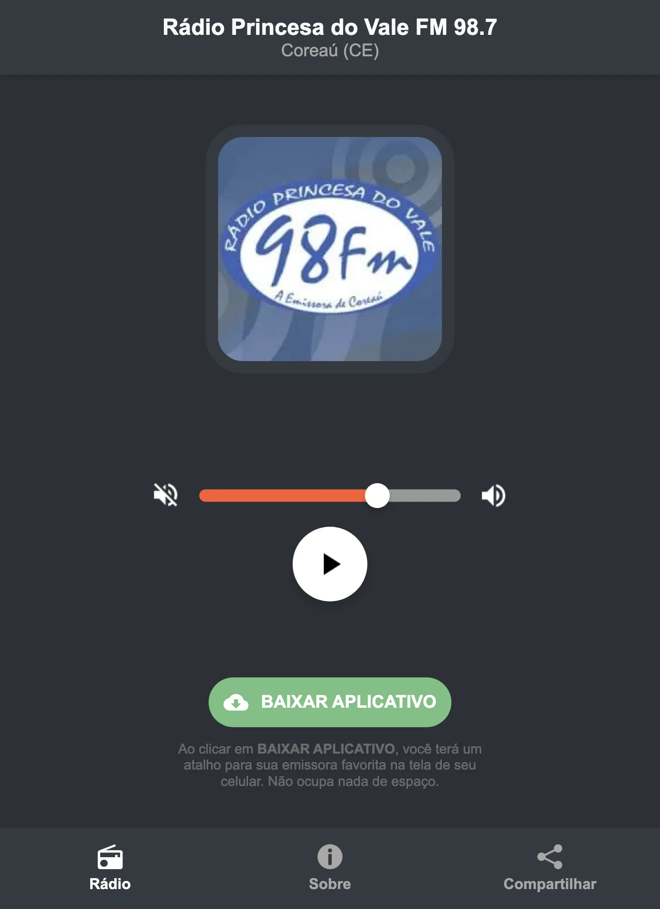 Screenshot do aplicativo da Rádio Princesa do Vale FM 98.7