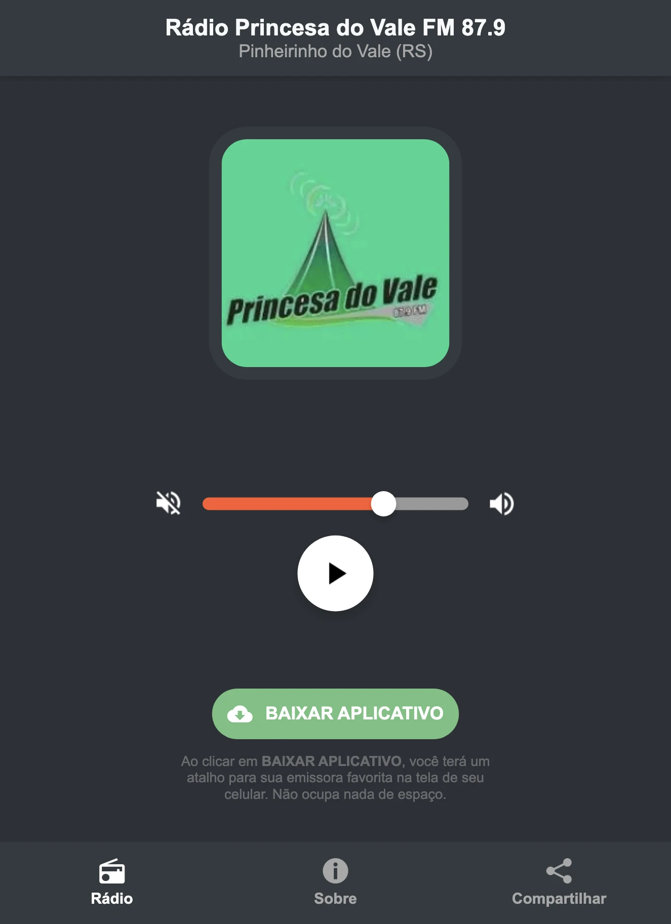 Screenshot do aplicativo da Rádio Princesa do Vale FM 87.9