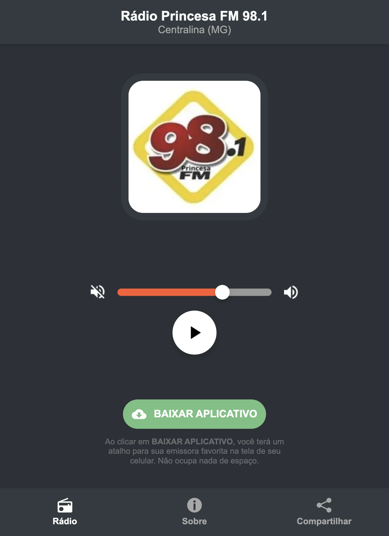 Screenshot do aplicativo da Rádio Princesa FM 98.1