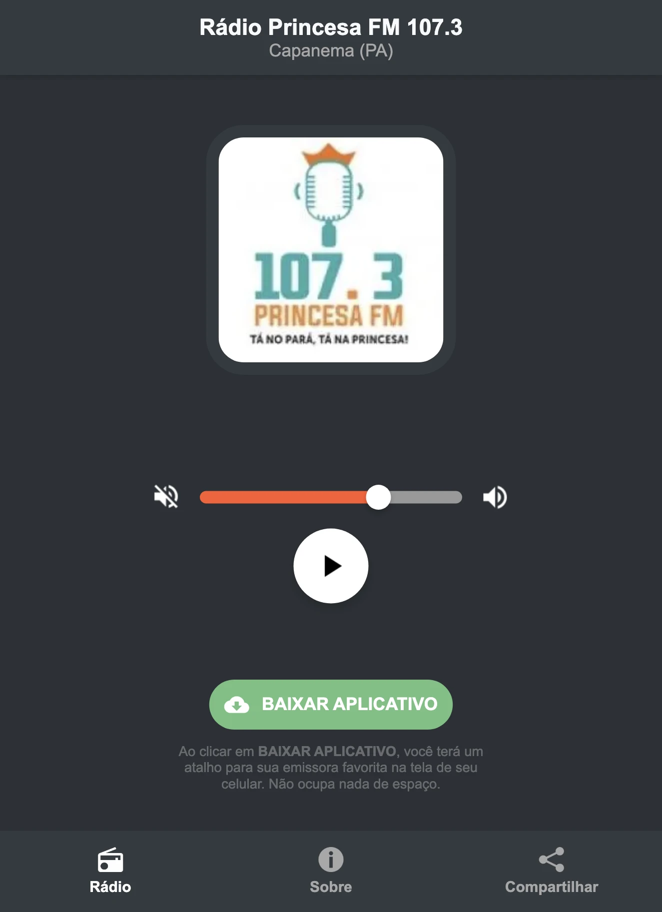 Screenshot do aplicativo da Rádio Princesa FM 107.3