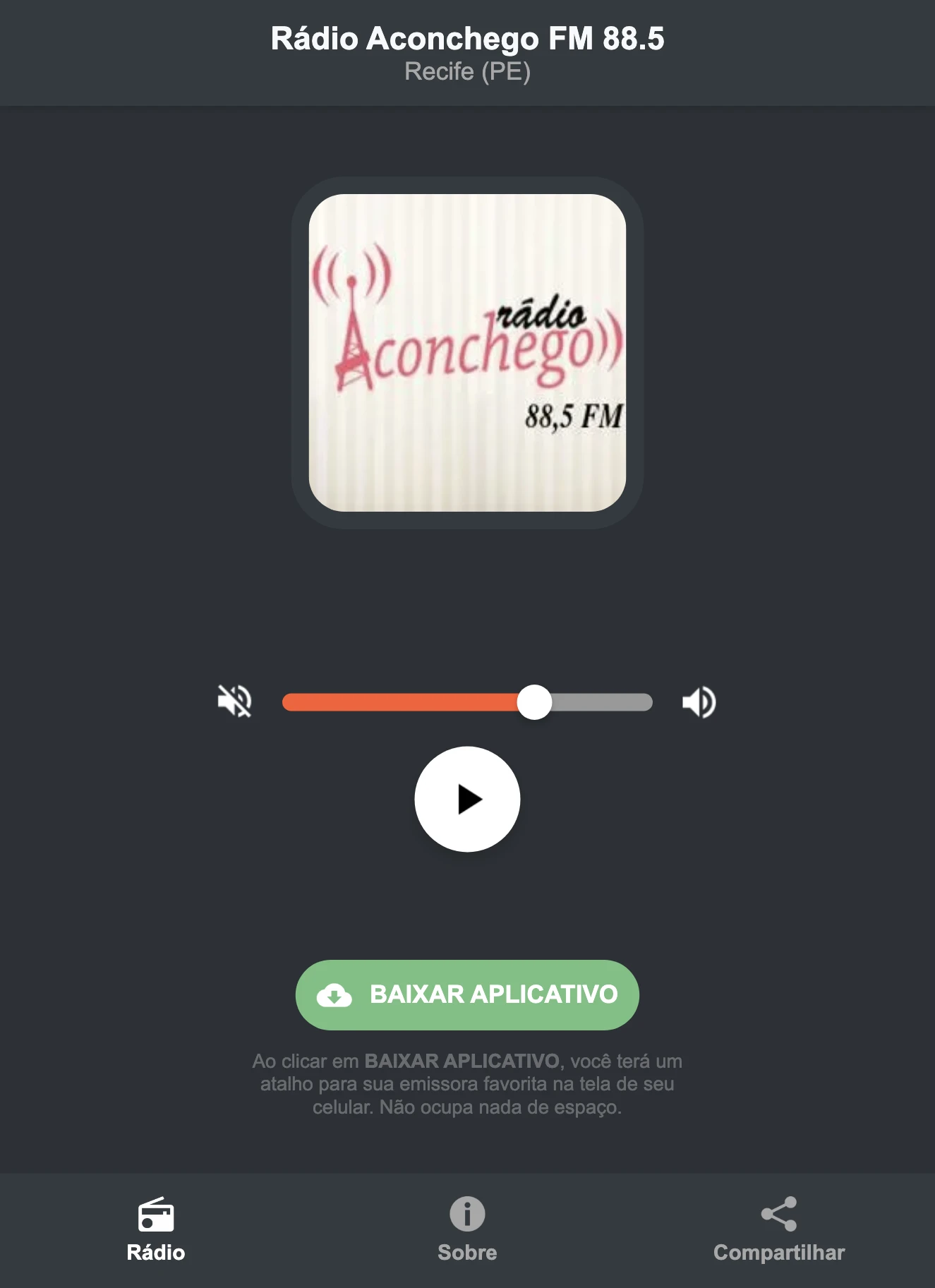 Screenshot do aplicativo da Rádio Aconchego FM 88.5
