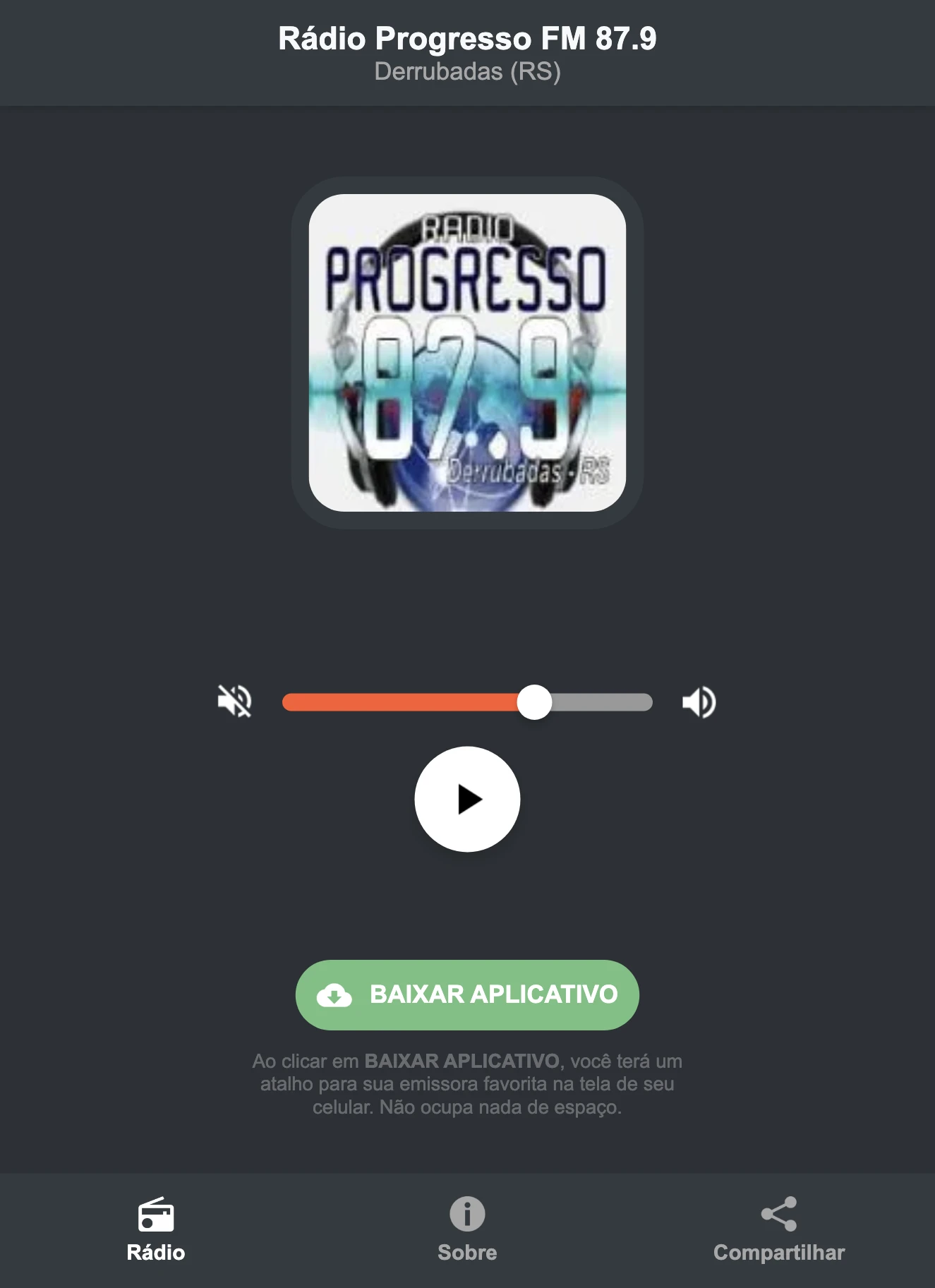 Screenshot do aplicativo da Rádio Progresso FM 87.9