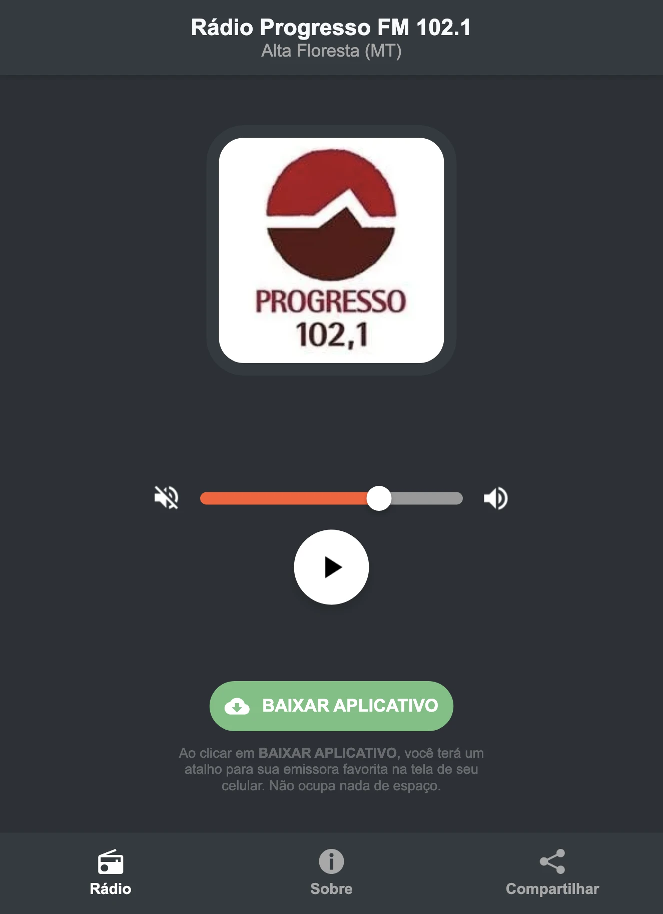 Screenshot do aplicativo da Rádio Progresso FM 102.1