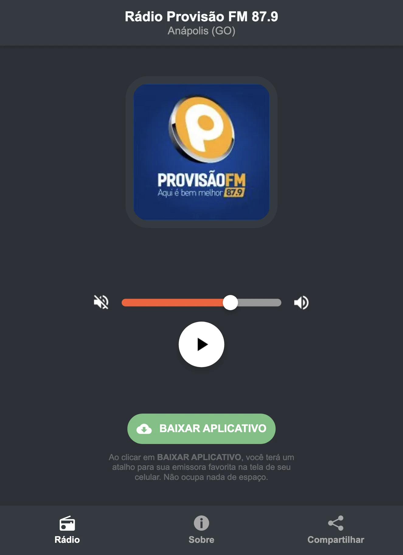 Screenshot do aplicativo da Rádio Provisão FM 87.9