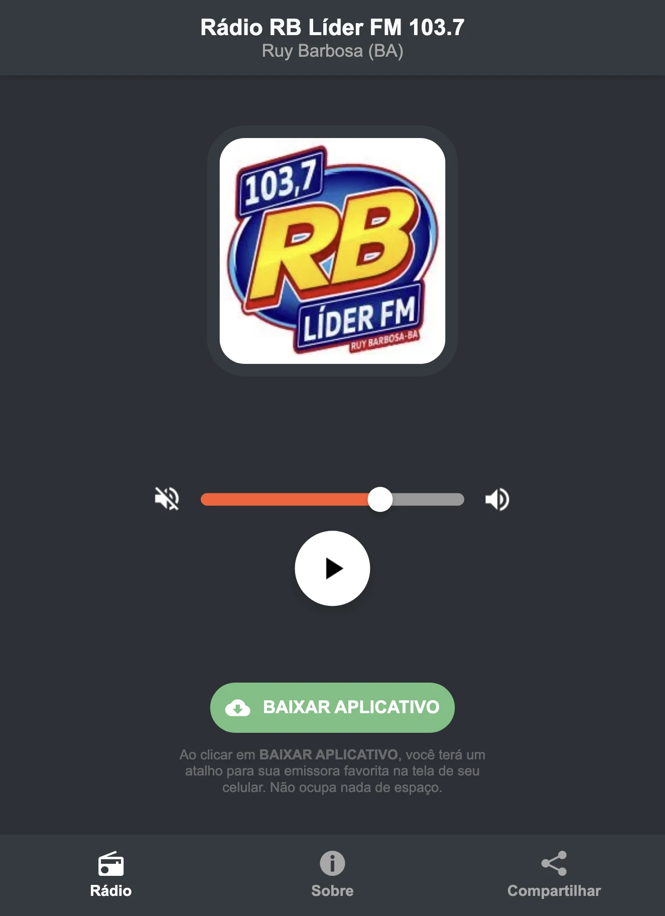 Screenshot do aplicativo da Rádio RB Líder FM 103.7