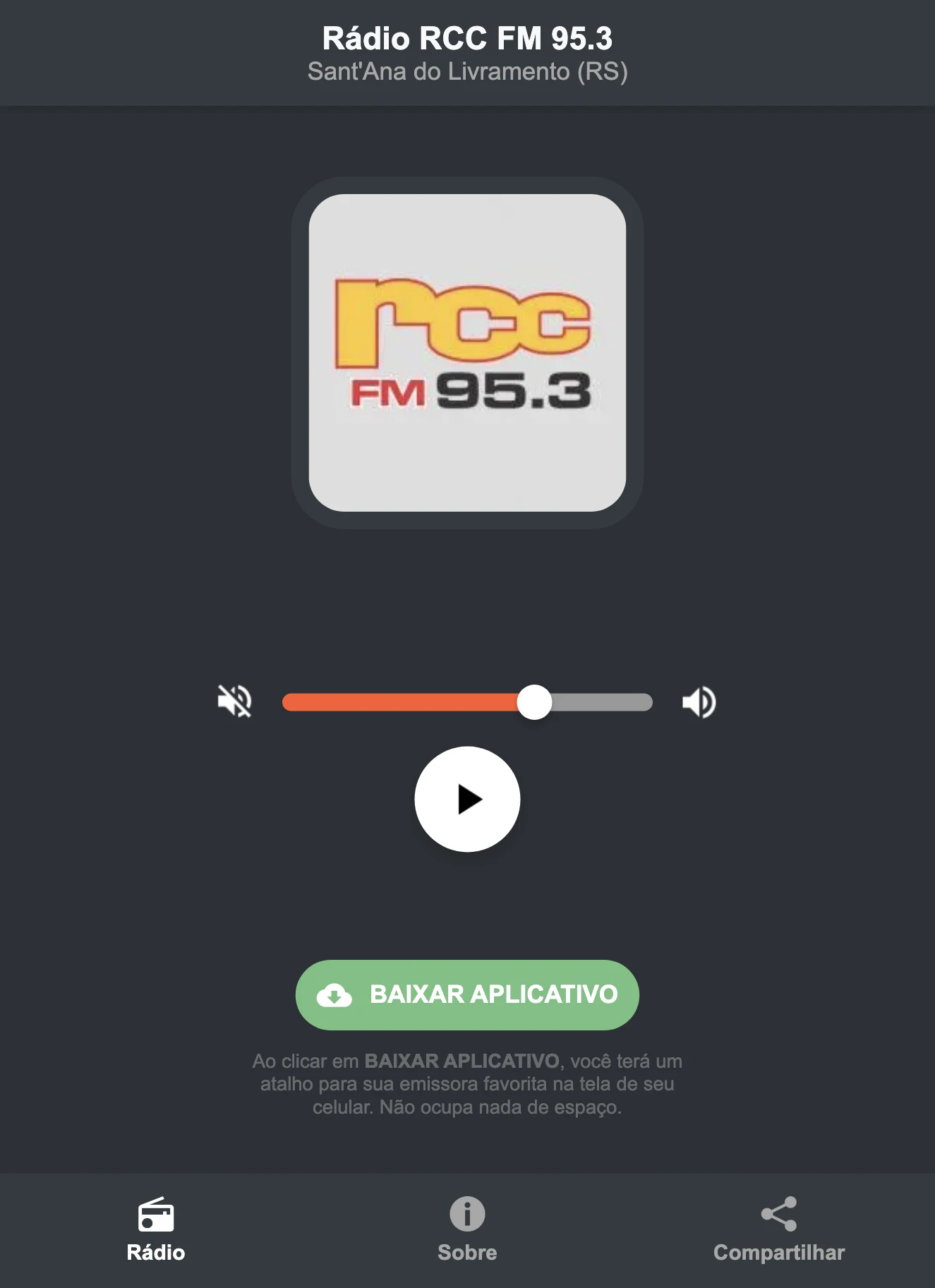 Screenshot do aplicativo da Rádio RCC FM 95.3