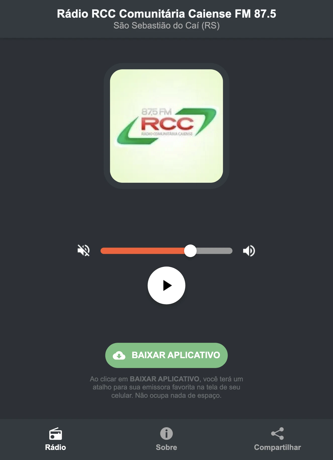 Screenshot do aplicativo da Rádio RCC Comunitária Caiense FM 87.5