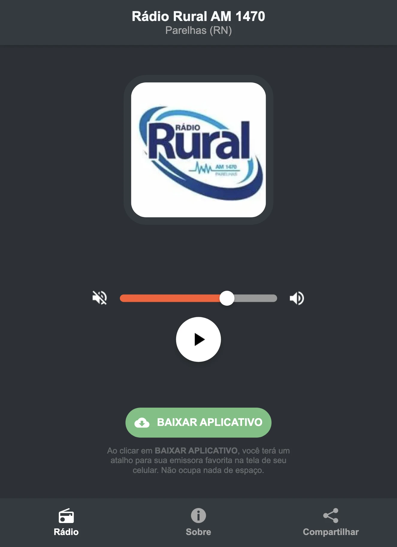 Screenshot do aplicativo da Rádio Rural AM 1470