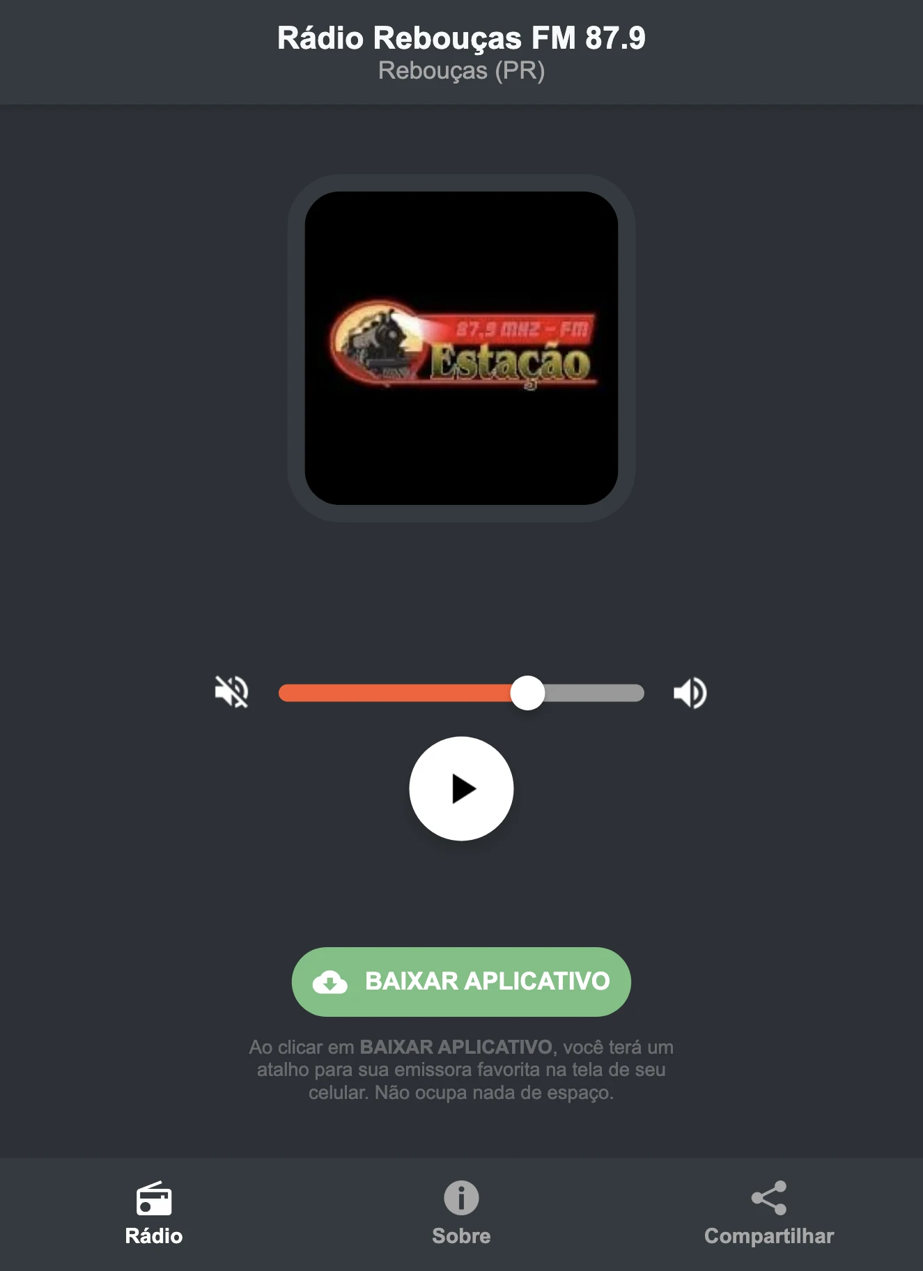 Screenshot do aplicativo da Rádio Rebouças FM 87.9