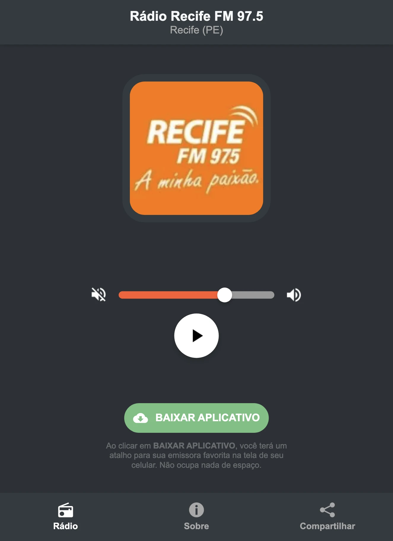 Screenshot do aplicativo da Rádio Recife FM 97.5