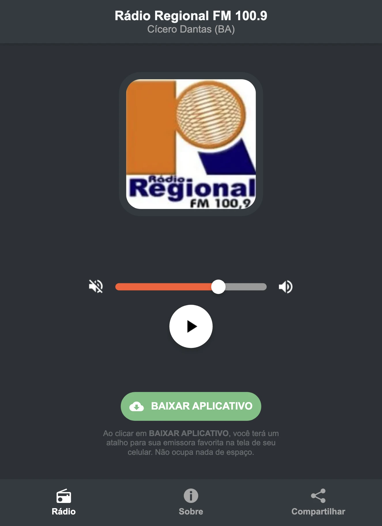 Screenshot do aplicativo da Rádio Regional FM 100.9