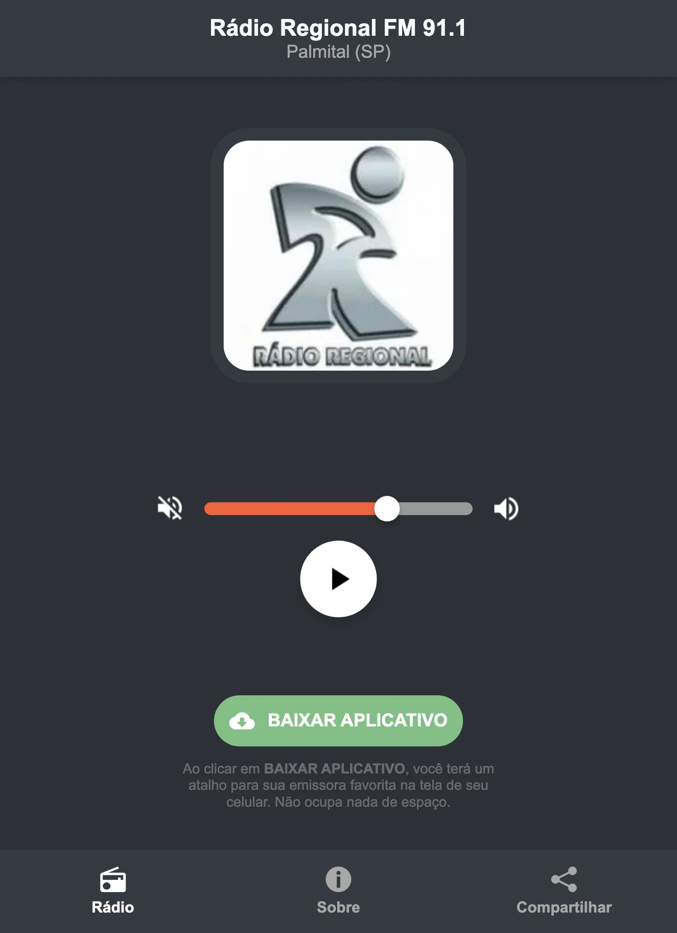 Screenshot do aplicativo da Rádio Regional FM 91.1