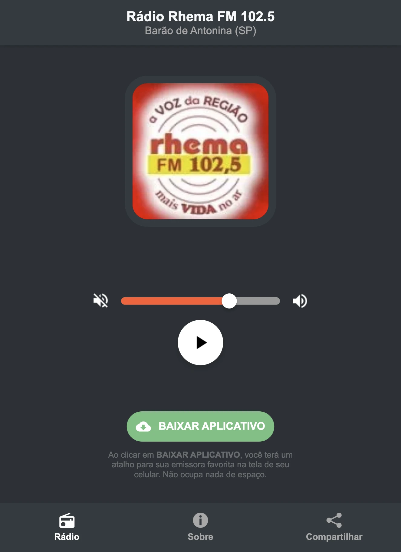 Screenshot do aplicativo da Rádio Rhema FM 102.5