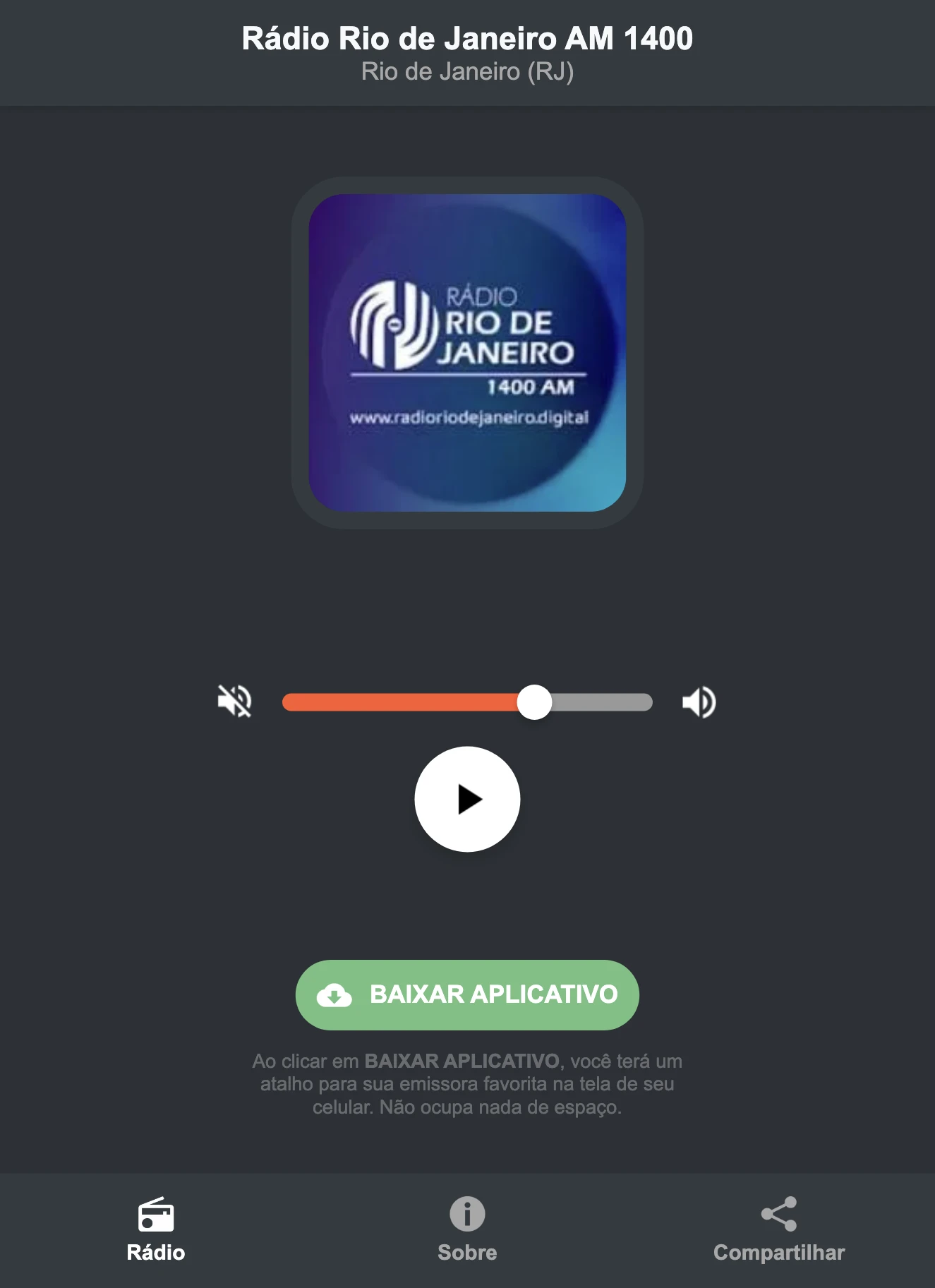 Screenshot do aplicativo da Rádio Rio de Janeiro AM 1400