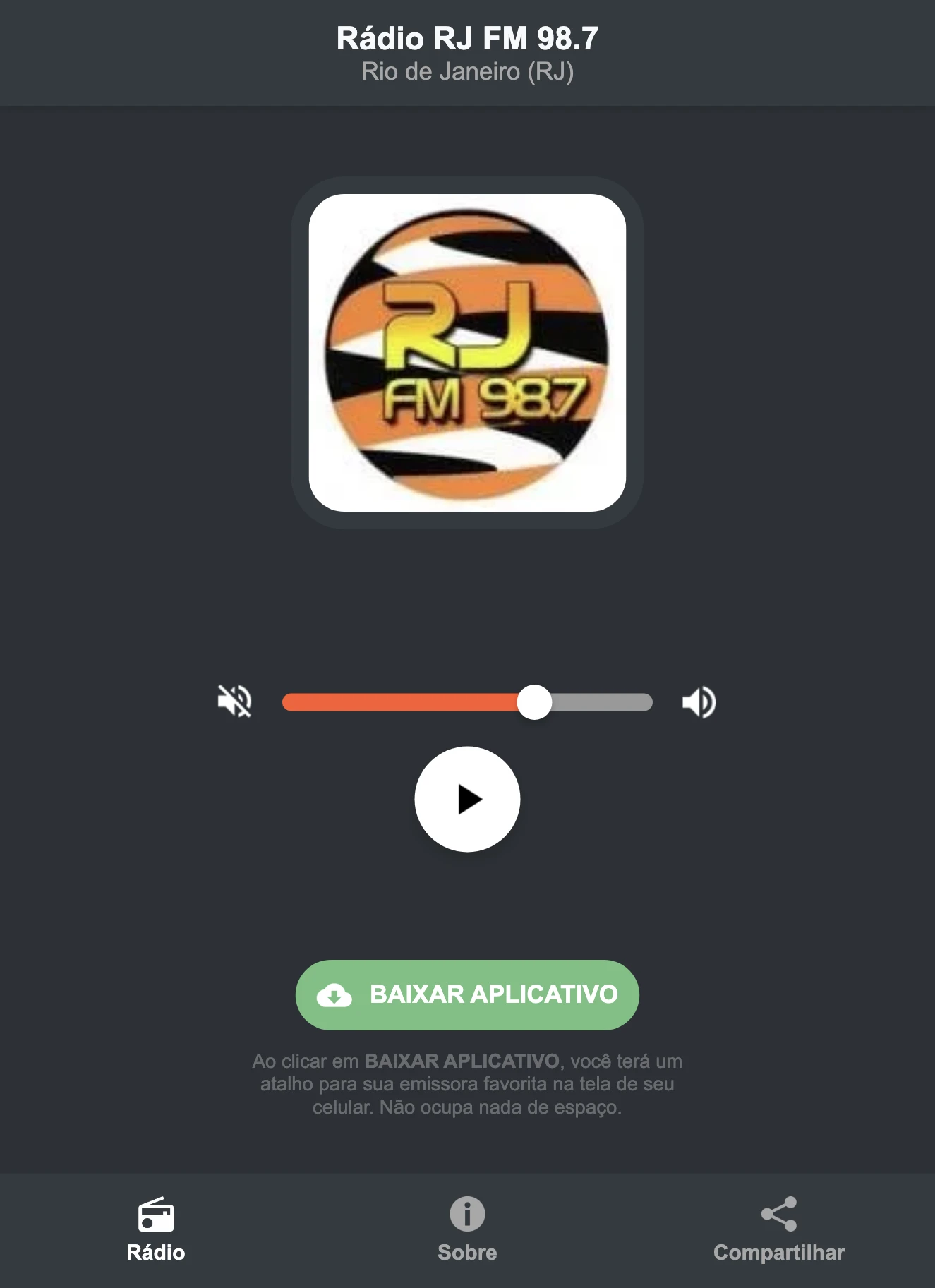 Screenshot do aplicativo da Rádio RJ FM 98.7