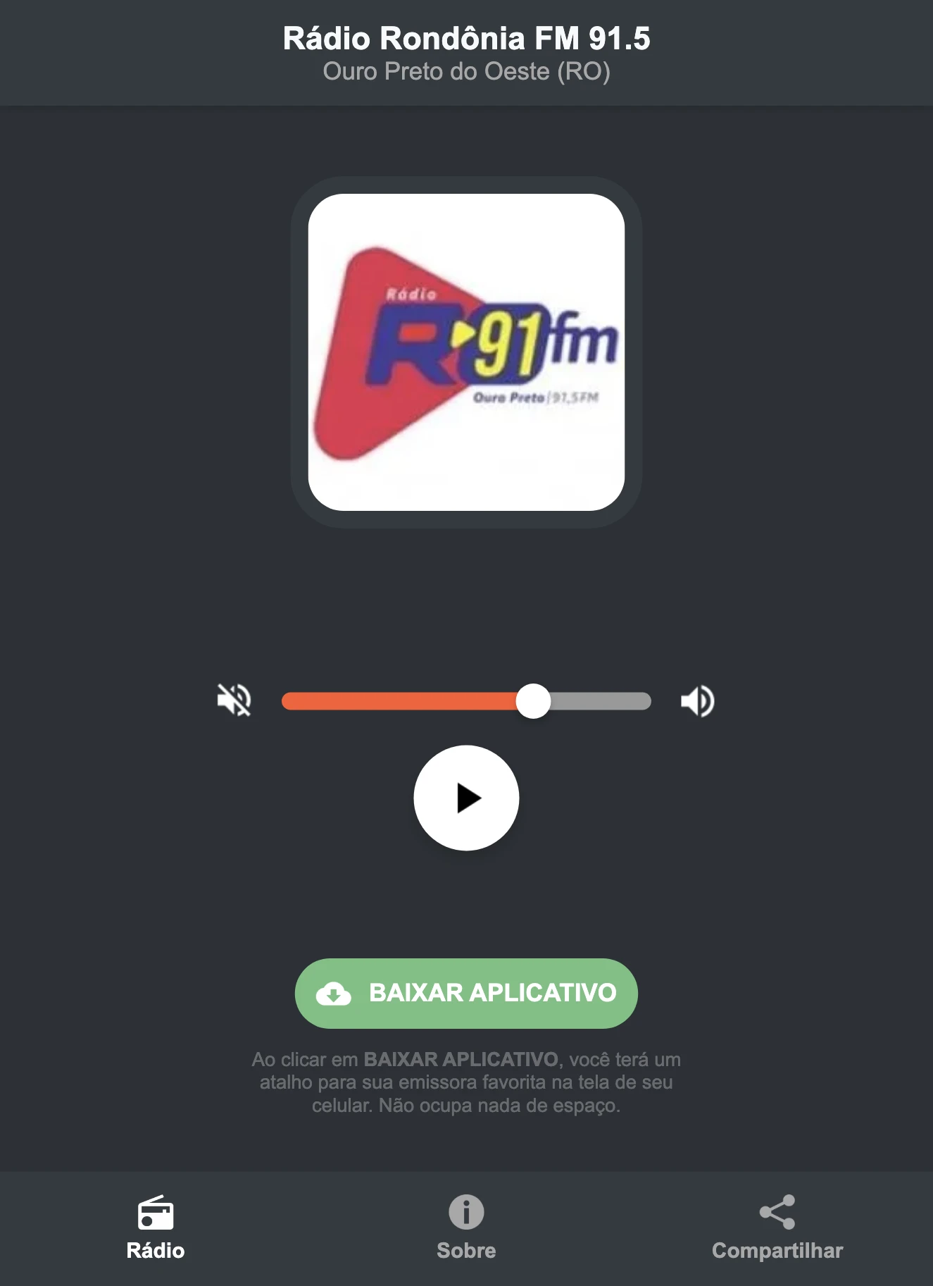 Screenshot do aplicativo da Rádio Rondônia FM 91.5