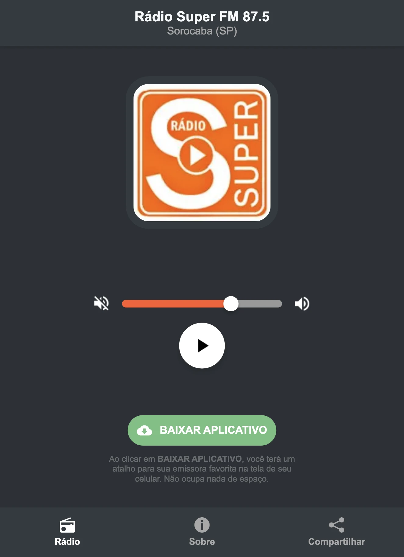 Screenshot do aplicativo da Rádio Super FM 87.5