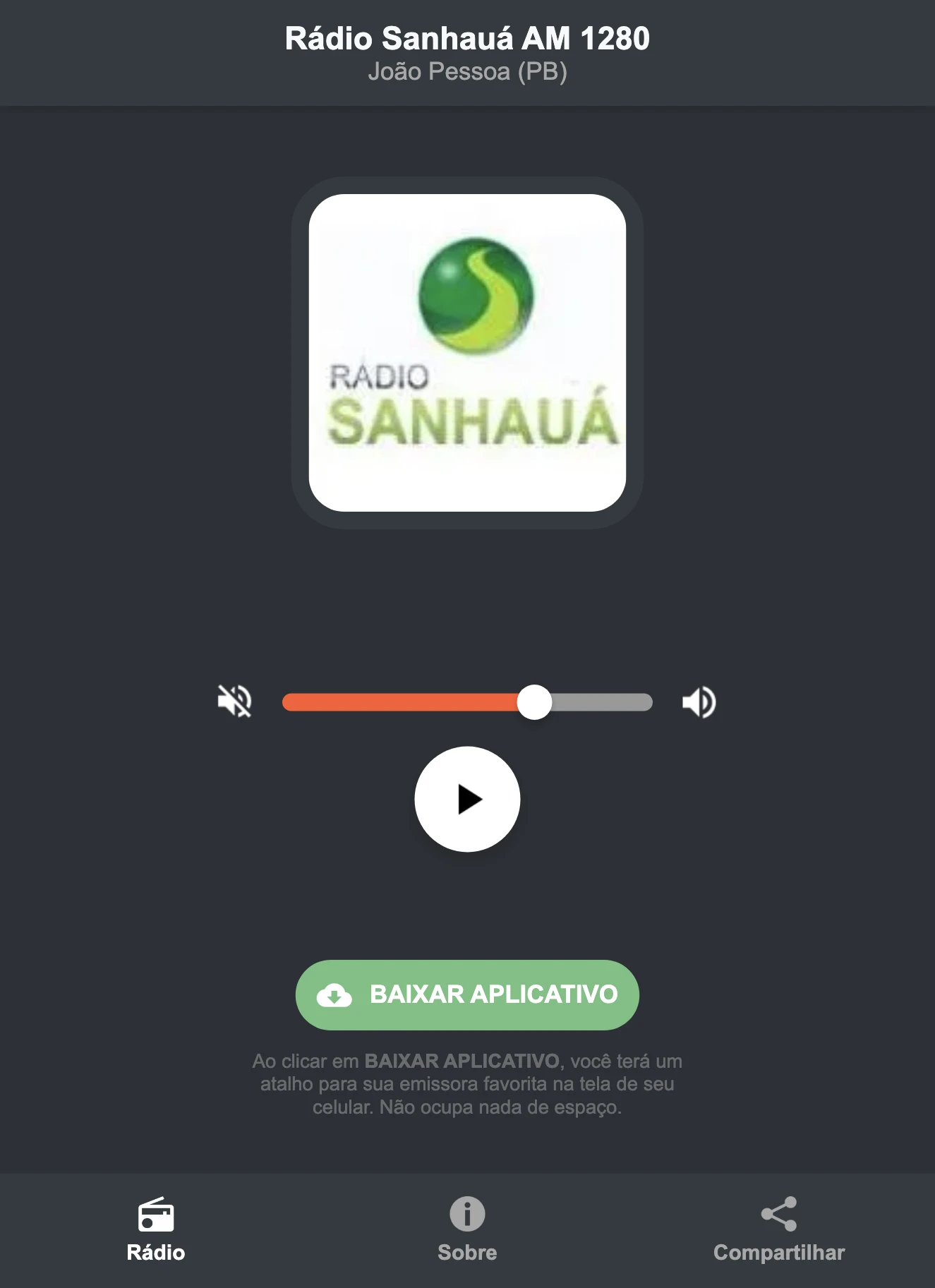 Screenshot do aplicativo da Rádio Sanhauá AM 1280