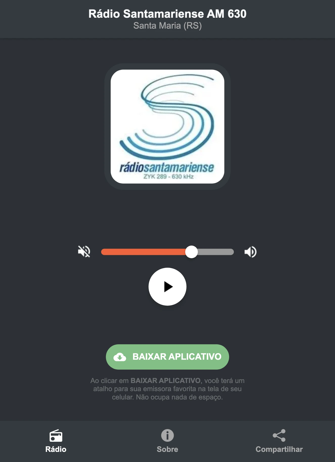 Screenshot do aplicativo da Rádio Santamariense AM 630