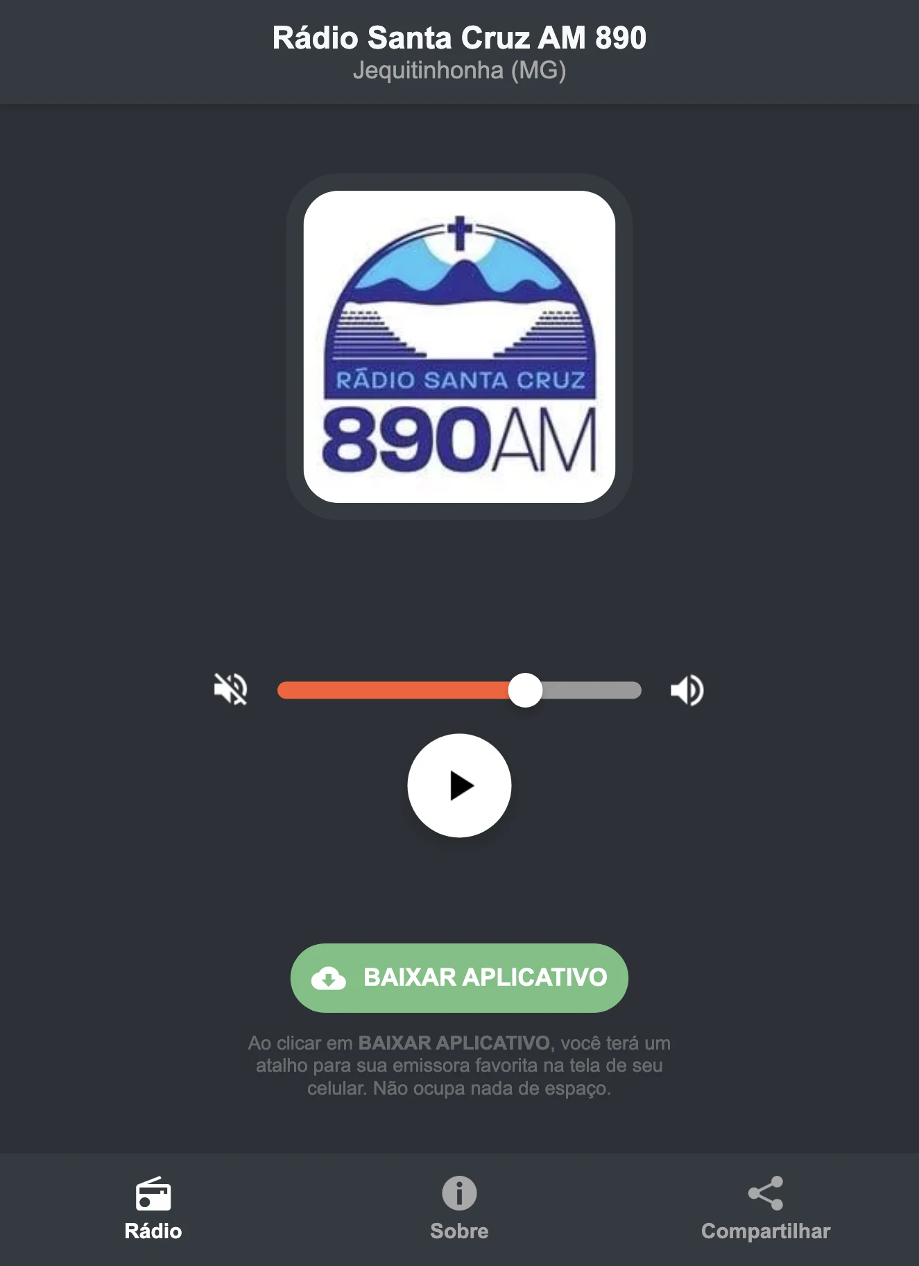 Screenshot do aplicativo da Rádio Santa Cruz AM 890