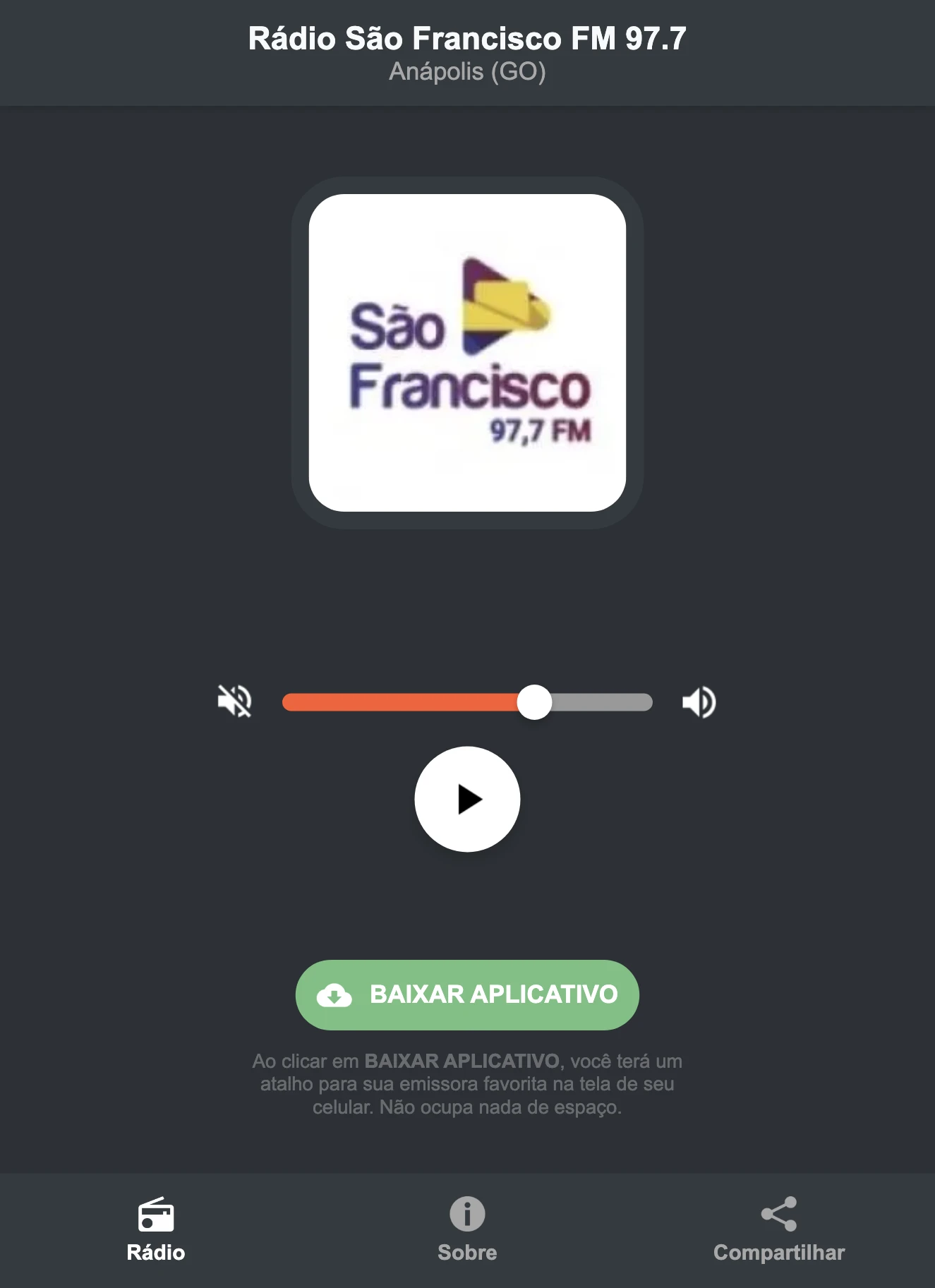 Screenshot do aplicativo da Rádio São Francisco FM 97.7