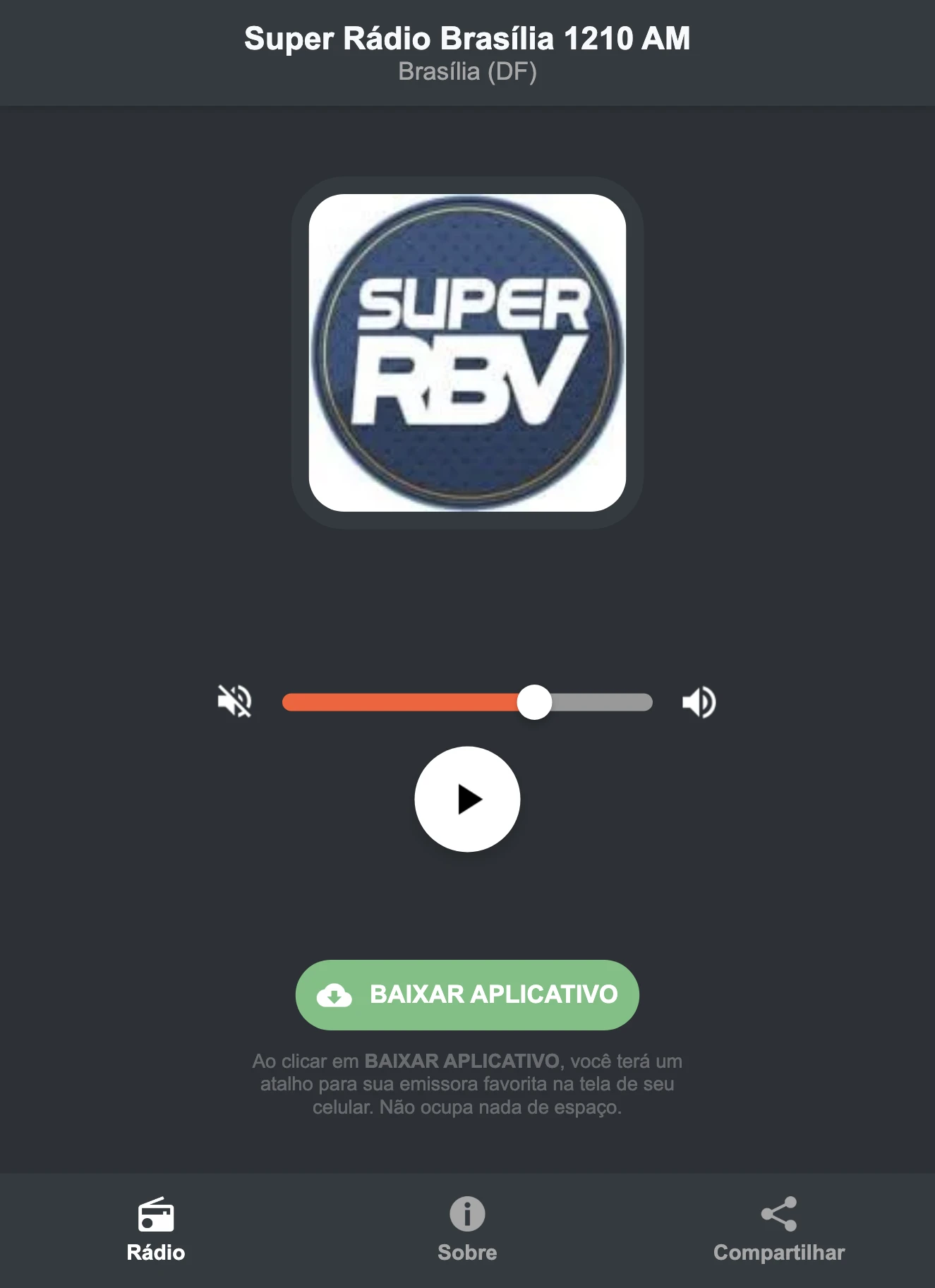 Screenshot do aplicativo da Super Rádio Brasília 1210 AM