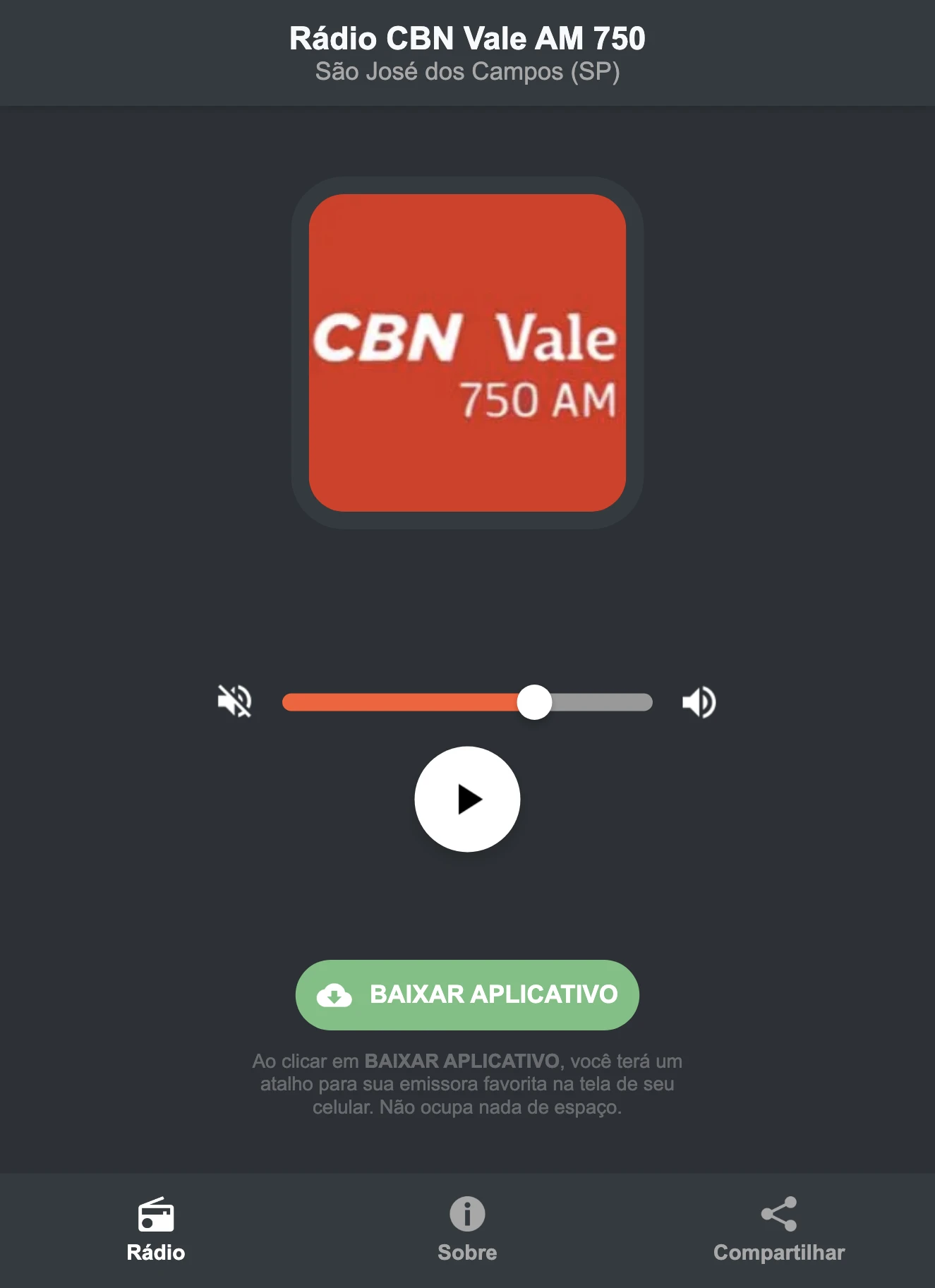 Screenshot do aplicativo da Rádio CBN Vale AM 750
