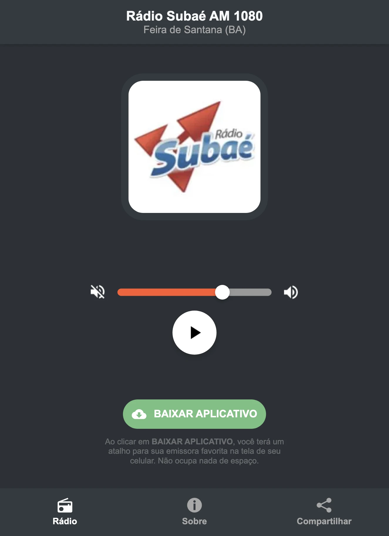 Screenshot do aplicativo da Rádio Subaé AM 1080