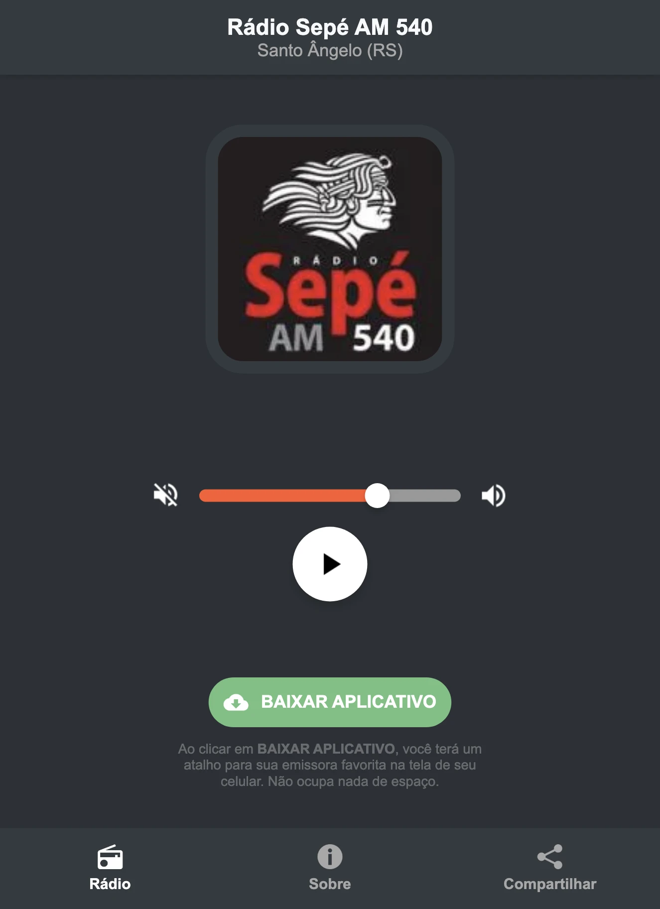 Screenshot do aplicativo da Rádio Sepé AM 540