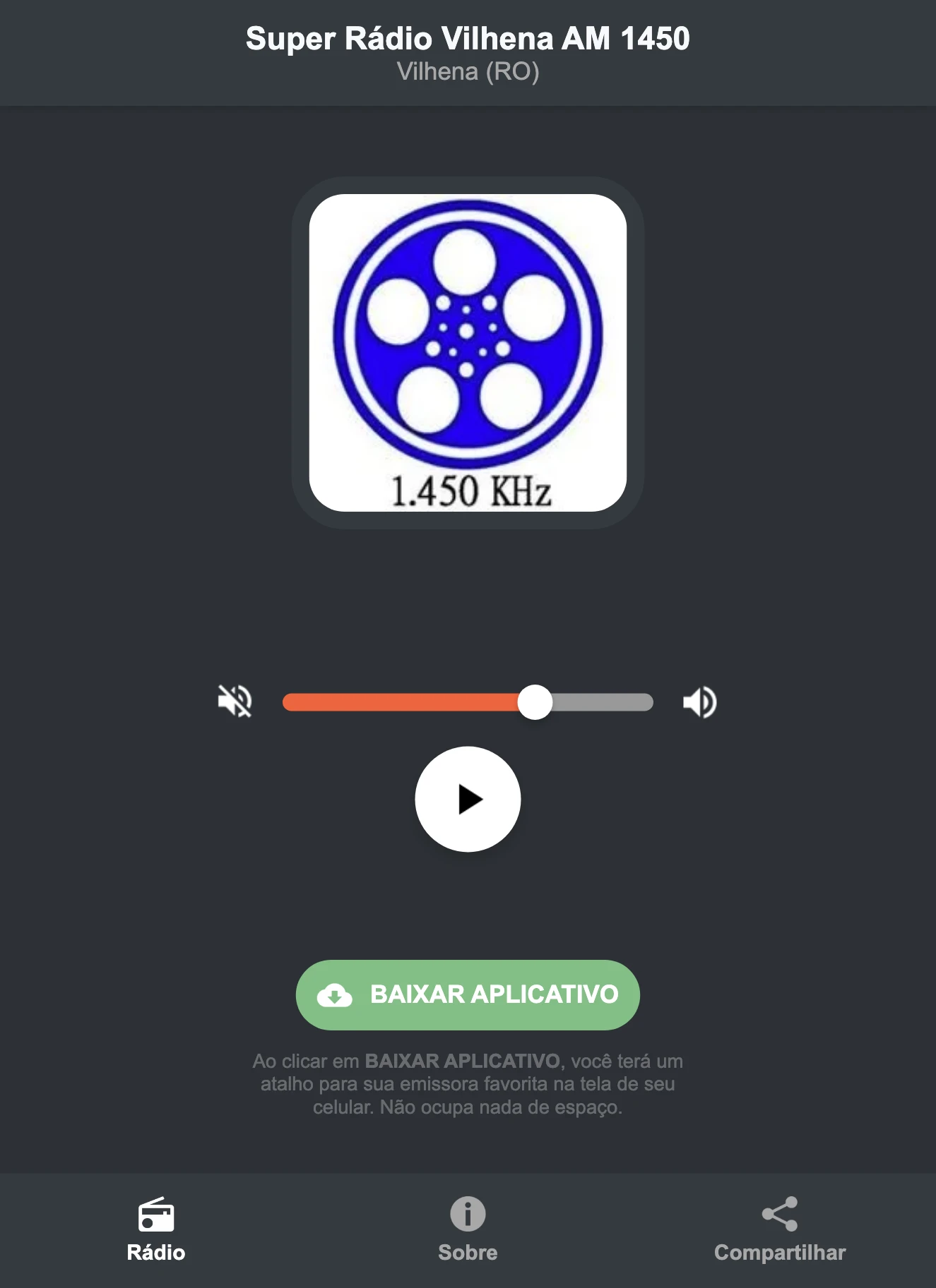 Screenshot do aplicativo da Super Rádio Vilhena AM 1450