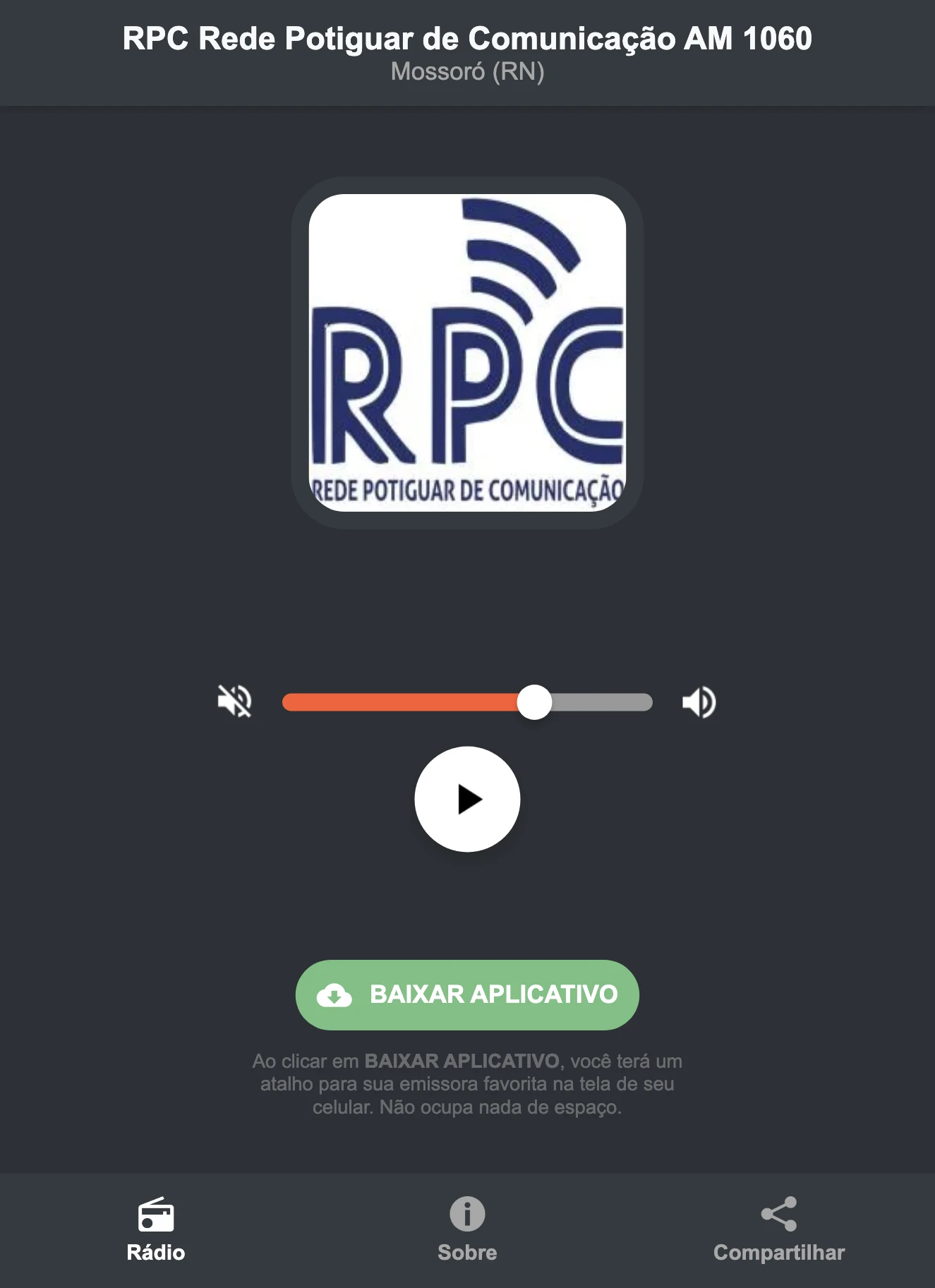 Screenshot do aplicativo da RPC Rede Potiguar de Comunicação AM 1060