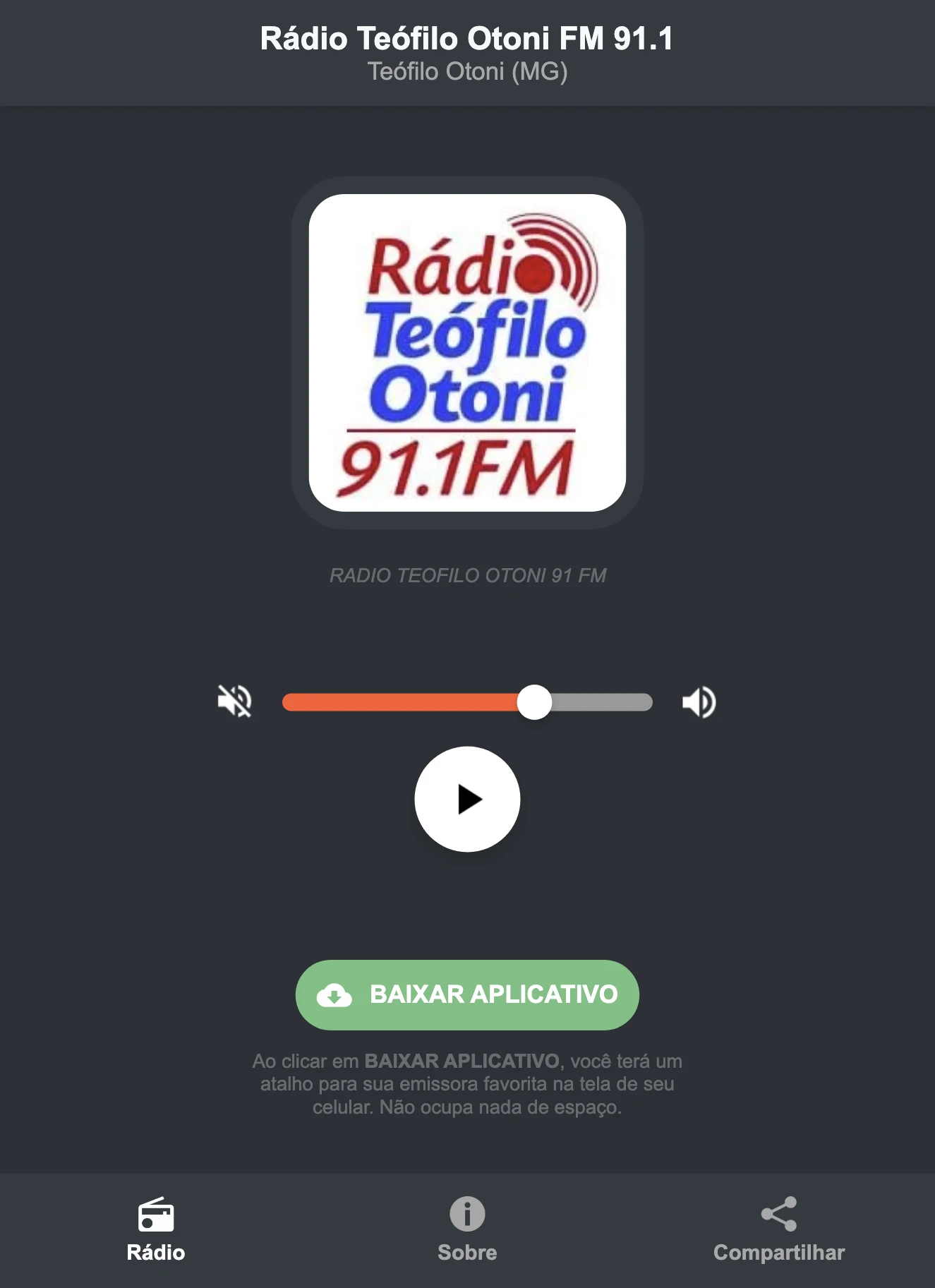 Screenshot do aplicativo da Rádio Teófilo Otoni FM 91.1